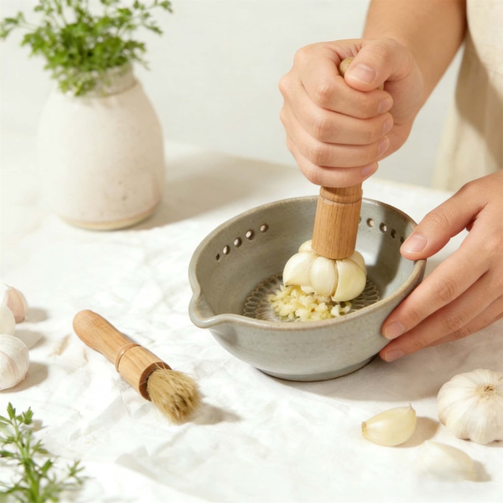 2-in-1 Stoneware Kitchen Grater Plate Tools, Handmade Garlic Grater & Herb Bowl, Efficient Stoneware Herb Stripping Tool,5 Hole Sizes,with Drainage Port, Handmade Garlic Shredder Bowl - Image 3
