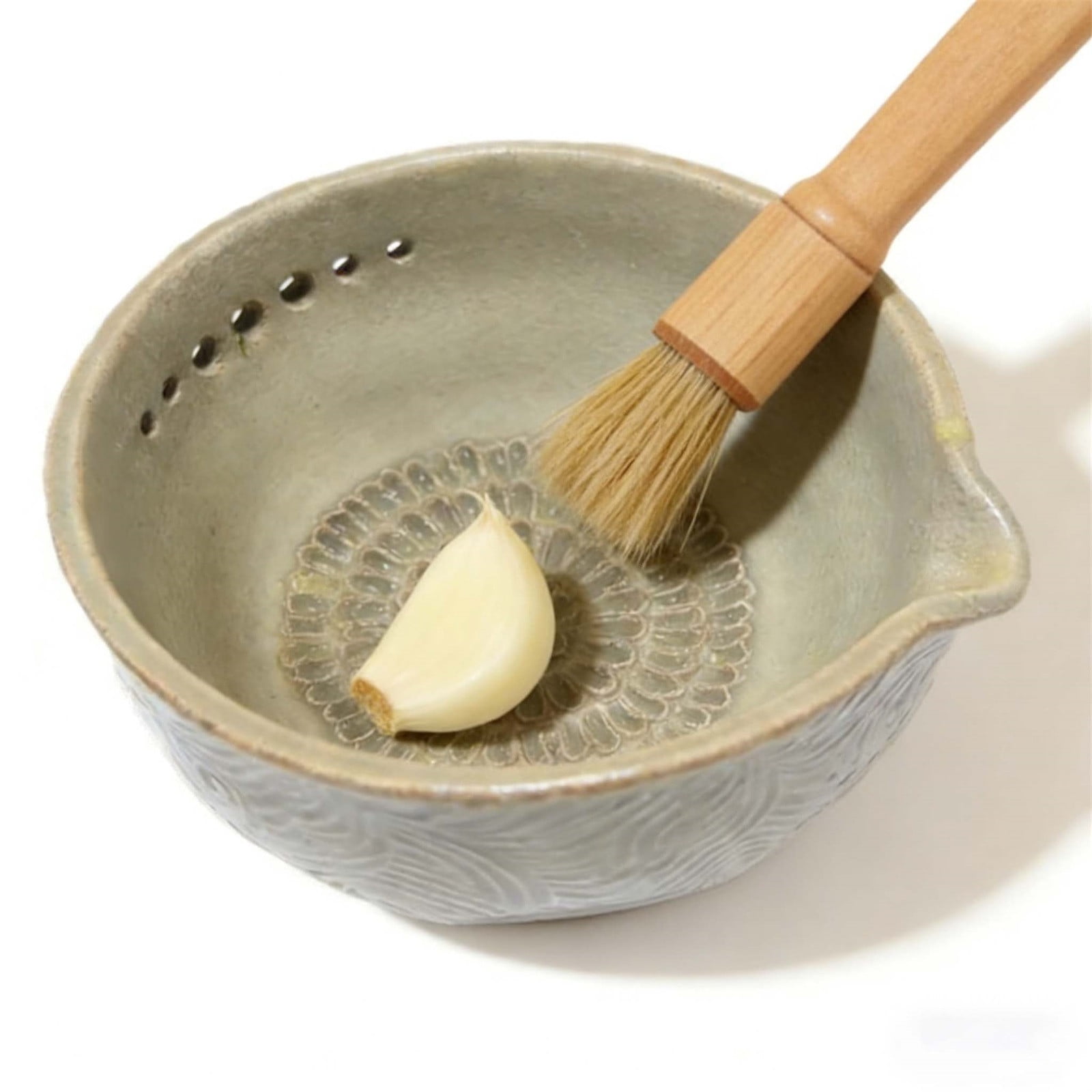 2-in-1 Stoneware Kitchen Grater Plate Tools, Handmade Garlic Grater & Herb Bowl, Efficient Stoneware Herb Stripping Tool,5 Hole Sizes,with Drainage Port, Handmade Garlic Shredder Bowl - Image 4