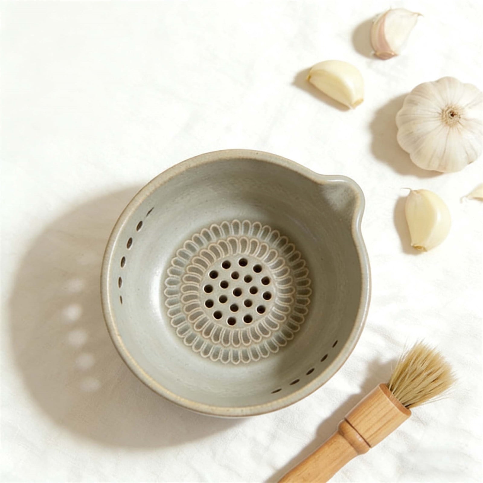 2-in-1 Stoneware Kitchen Grater Plate Tools, Handmade Garlic Grater & Herb Bowl, Efficient Stoneware Herb Stripping Tool,5 Hole Sizes,with Drainage Port, Handmade Garlic Shredder Bowl - Image 5