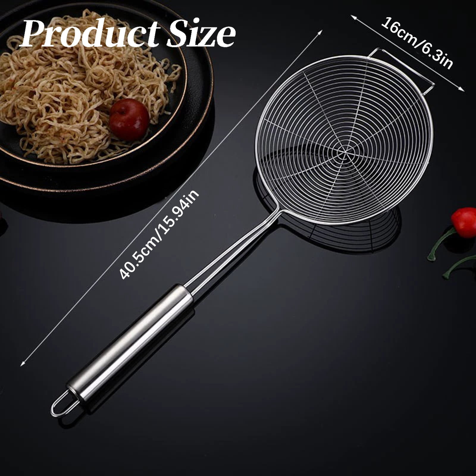 Strainer Spider Skimmers for Kitchen Cooking and Frying Food, Stainless Steel Slotted Spoon Pasta Strainers Tomato Food Strainer Skimmer Ladle For Pasta, 1 Pcs, 15.94x6.3 17.72