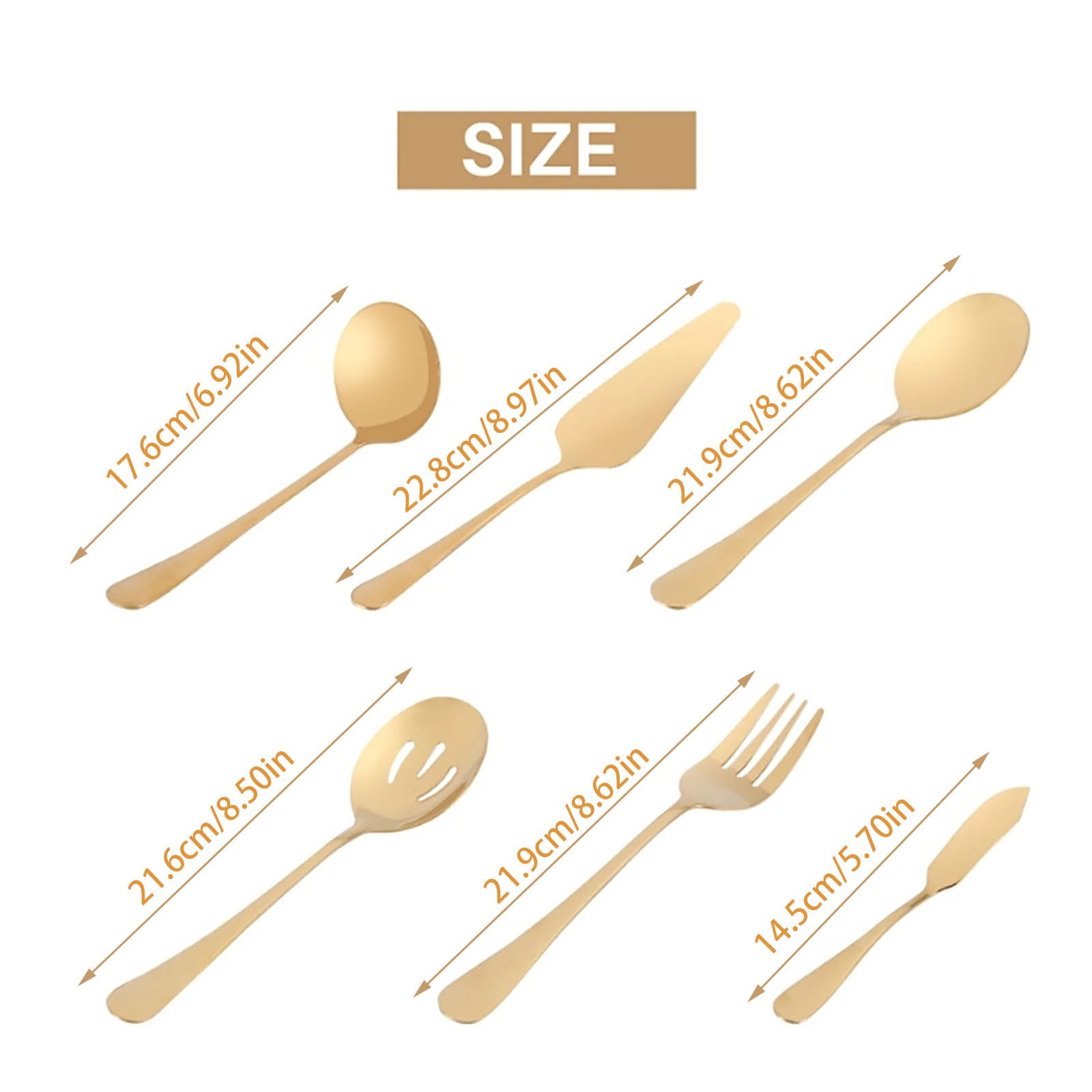Stainless Steel Gold Serving Utensils Set of 6, Heavy Duty Metal Serving Spoons Slotted Spoons Forks Set for Catering Buffet Party Banquet Restaurant, Mirror Polish, Dishwasher Safe Multisize Gold - Image 3