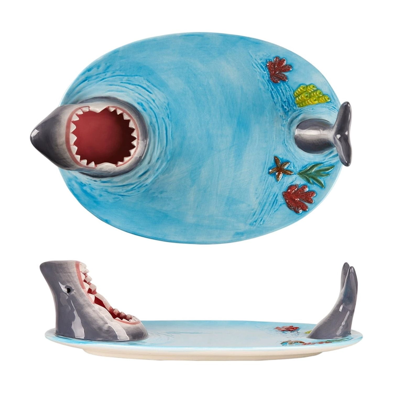 Creative Shark Sushi Plate,Blue Ceramic Shark Plate,Shark Shaped Serving Platter,Food Serving Tray with Dipping Sauce Bowl,Gifts for Shark Party Lovers,Microwave/Oven/Dishwasher Safe Sushi Dishes A - Image 1