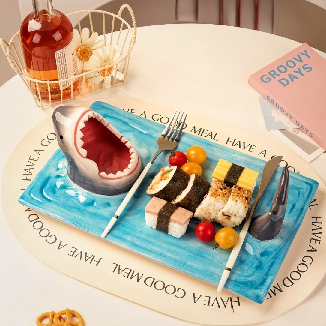 Creative Shark Sushi Plate,Blue Ceramic Shark Plate,Shark Shaped Serving Platter,Food Serving Tray with Dipping Sauce Bowl,Gifts for Shark Party Lovers,Microwave/Oven/Dishwasher Safe Sushi Dishes A - Image 4