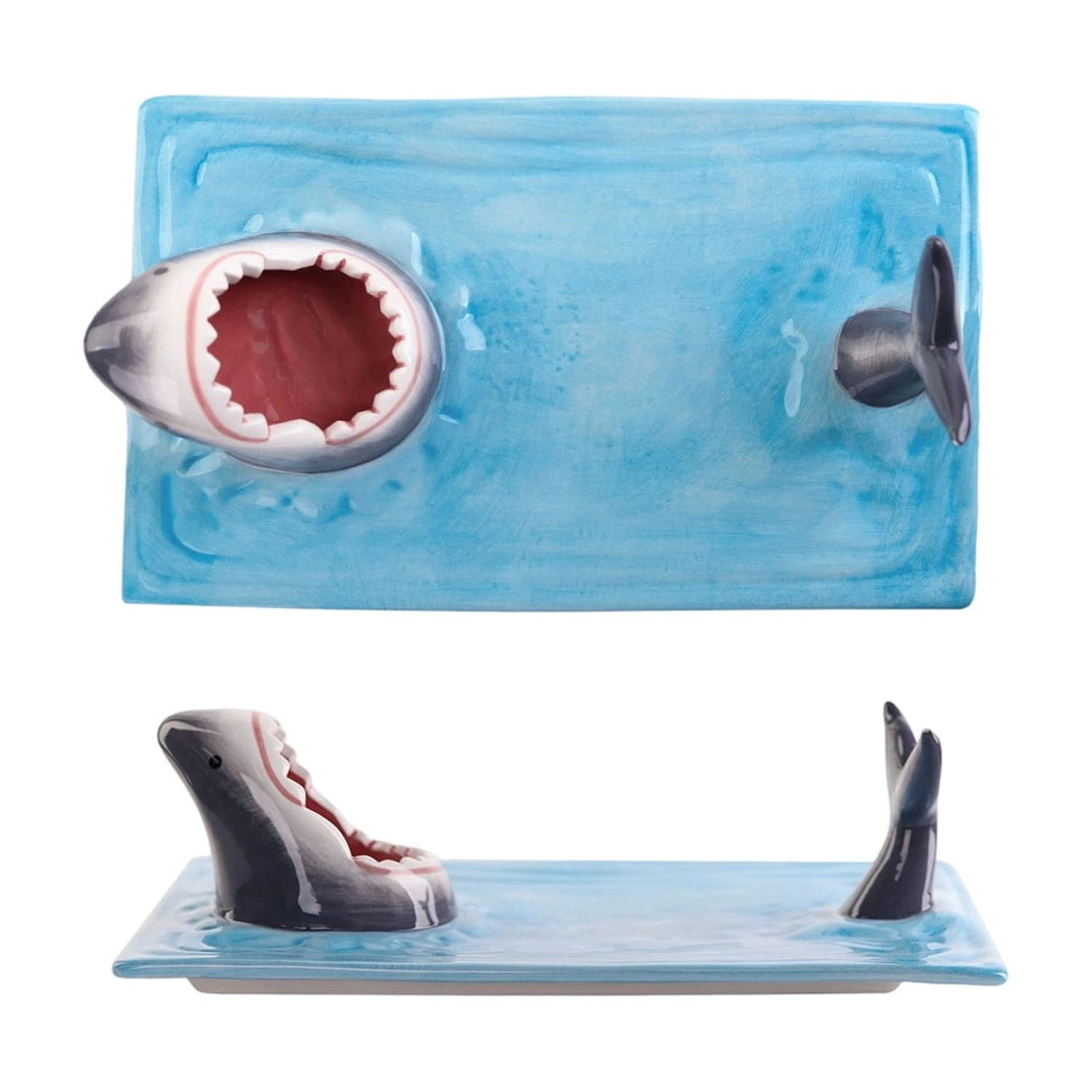 Creative Shark Sushi Plate,Blue Ceramic Shark Plate,Shark Shaped Serving Platter,Food Serving Tray with Dipping Sauce Bowl,Gifts for Shark Party Lovers,Microwave/Oven/Dishwasher Safe Sushi Dishes B - Image 1