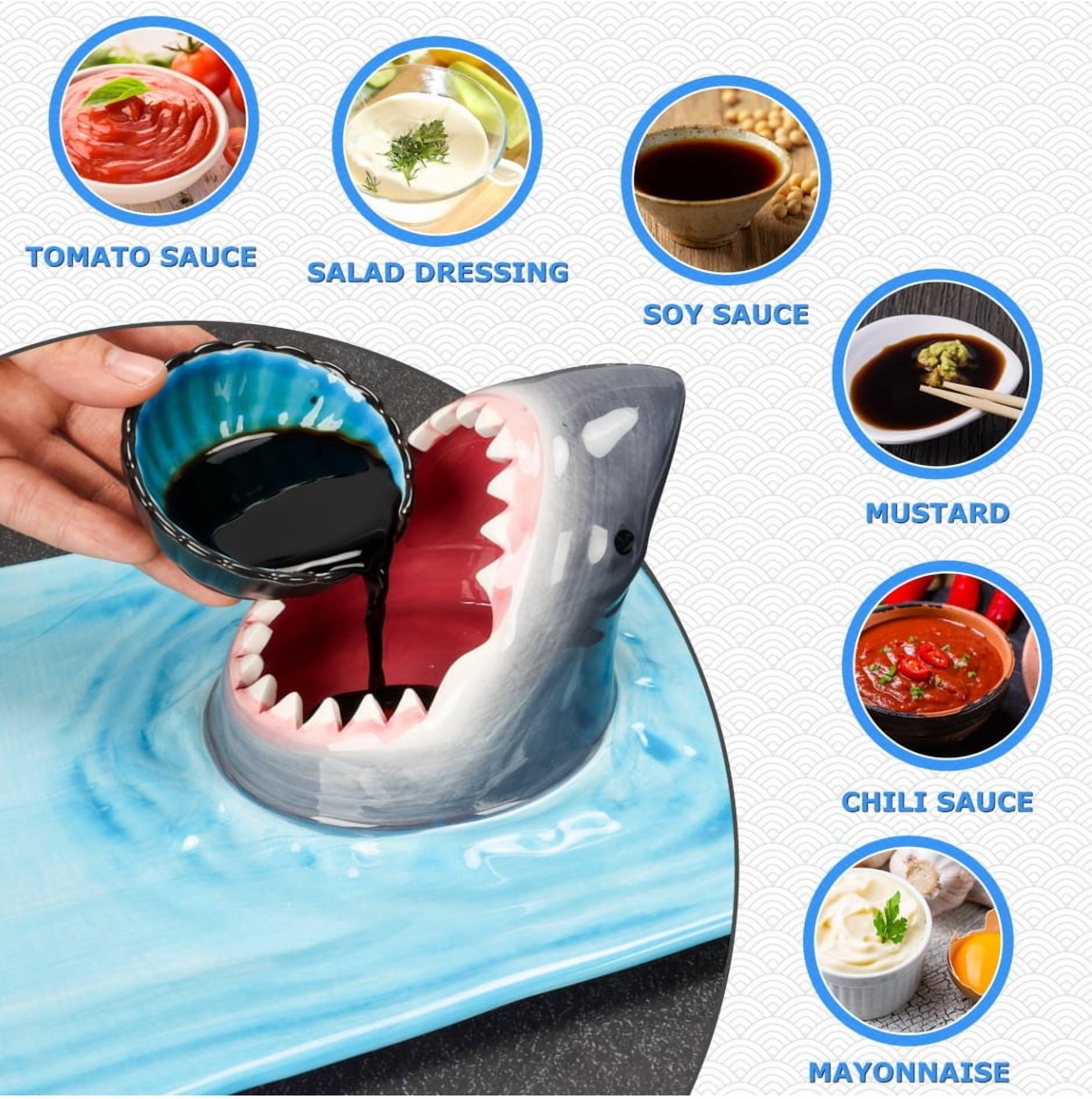 Creative Shark Sushi Plate,Blue Ceramic Shark Plate,Shark Shaped Serving Platter,Food Serving Tray with Dipping Sauce Bowl,Gifts for Shark Party Lovers,Microwave/Oven/Dishwasher Safe Sushi Dishes B - Image 6