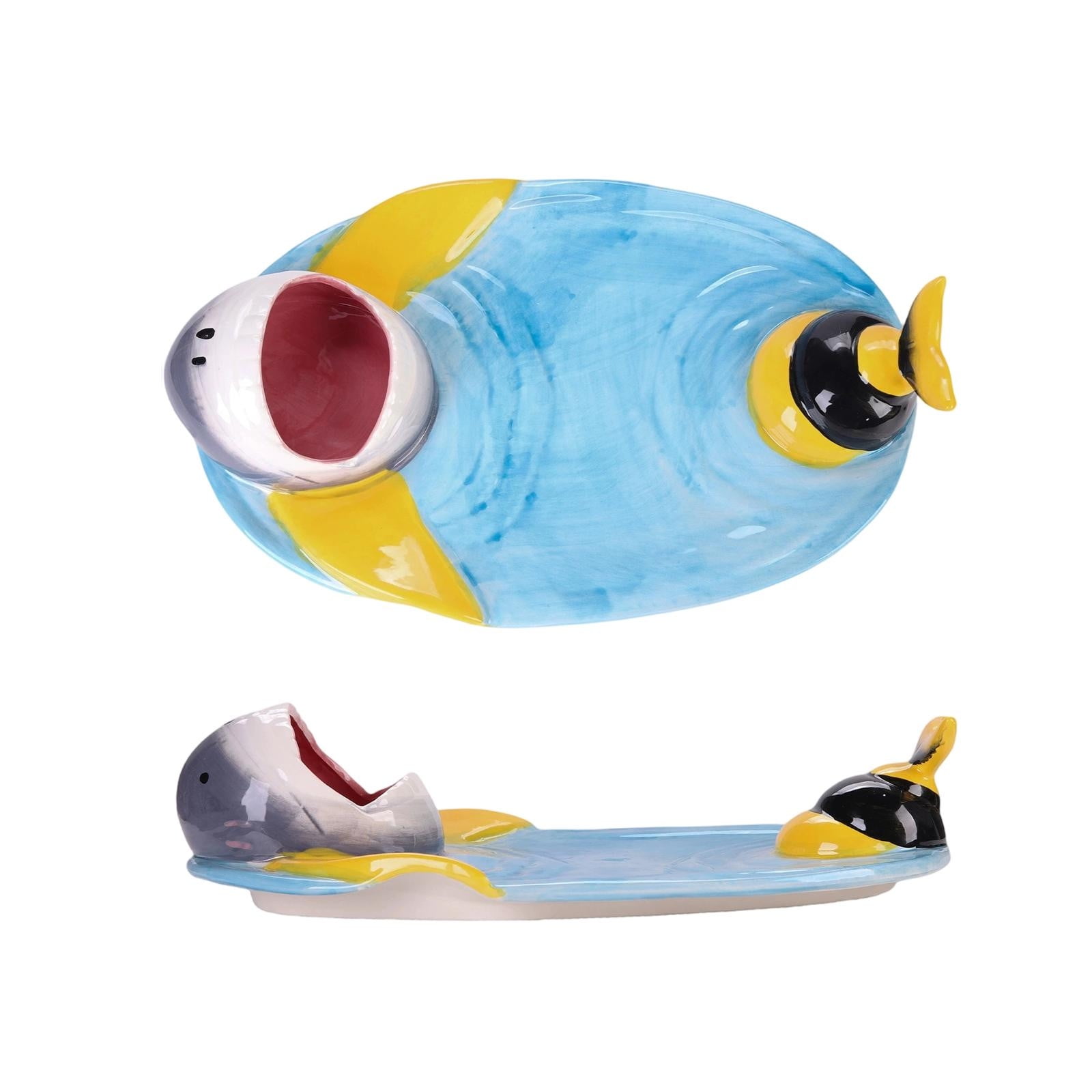 Creative Shark Sushi Plate,Blue Ceramic Shark Plate,Shark Shaped Serving Platter,Food Serving Tray with Dipping Sauce Bowl,Gifts for Shark Party Lovers,Microwave/Oven/Dishwasher Safe Sushi Dishes C - Image 1