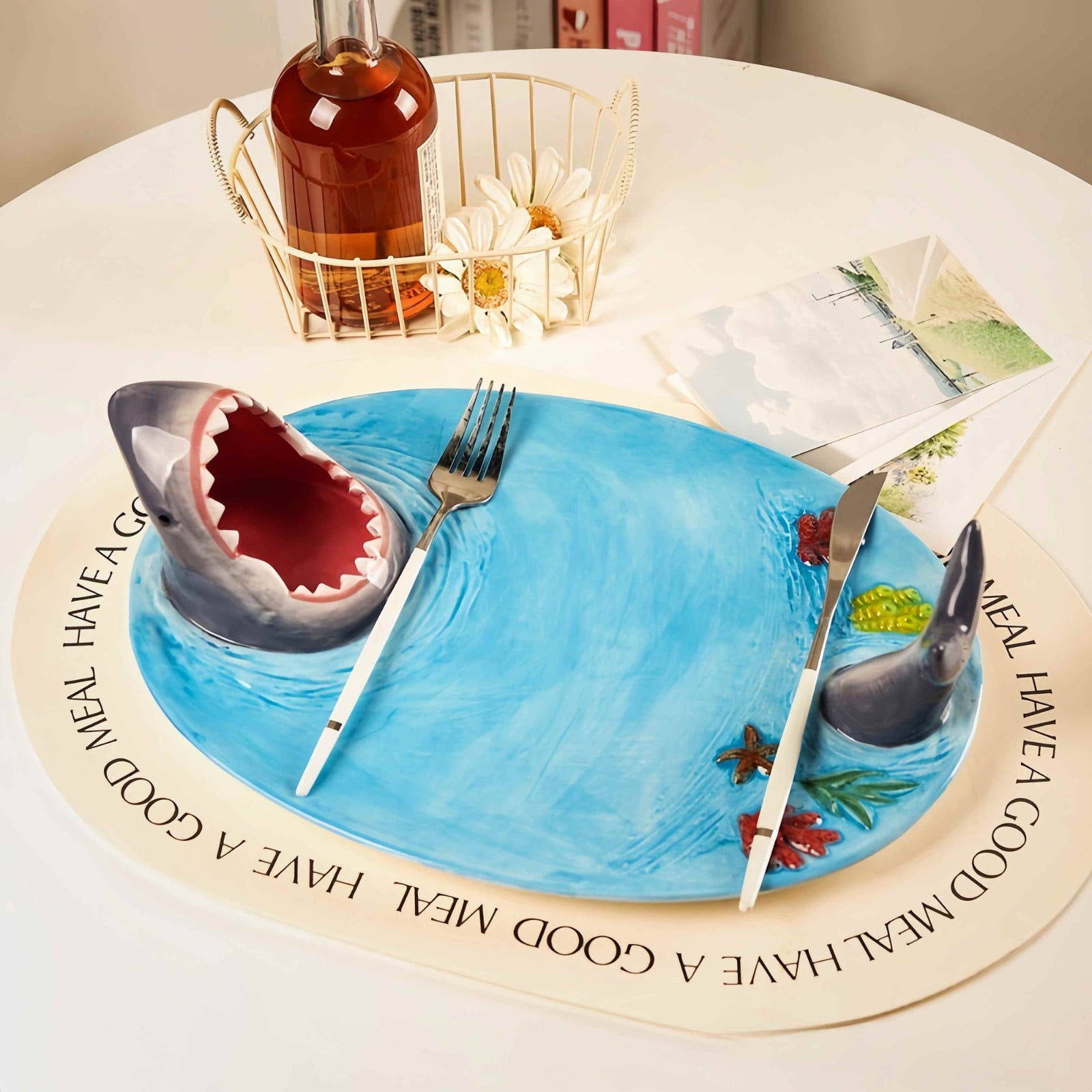 Creative Shark Sushi Plate,Blue Ceramic Shark Plate,Shark Shaped Serving Platter,Food Serving Tray with Dipping Sauce Bowl,Gifts for Shark Party Lovers,Microwave/Oven/Dishwasher Safe Sushi Dishes C - Image 2