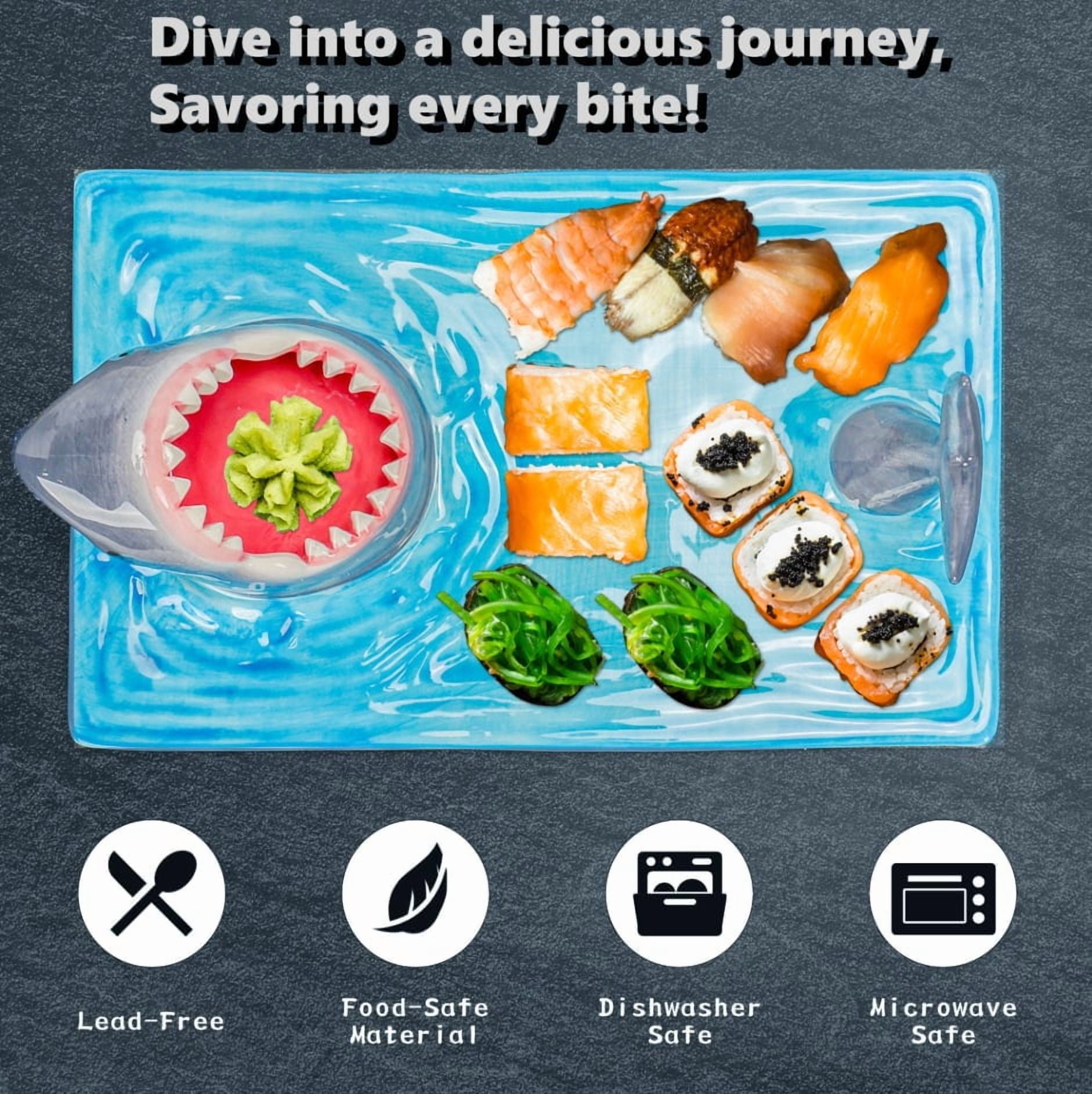 Creative Shark Sushi Plate,Blue Ceramic Shark Plate,Shark Shaped Serving Platter,Food Serving Tray with Dipping Sauce Bowl,Gifts for Shark Party Lovers,Microwave/Oven/Dishwasher Safe Sushi Dishes C - Image 3
