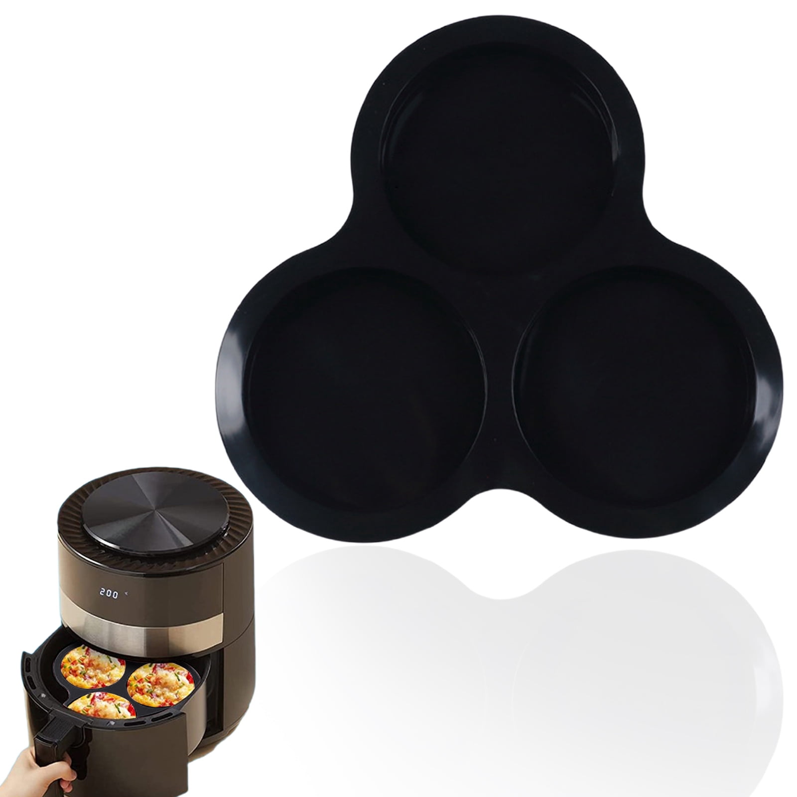 1 Pcs Silicone Egg Cups for Air Fryer,3-Cavity Cupcake Baking Tray,Round Silicone Baking Tools,Round Silicone Ramekins,for Sandwiches,Non-Stick Tray for Baking Accessories,(Dark Gray,9.06x8.46 in) Black - Image 2