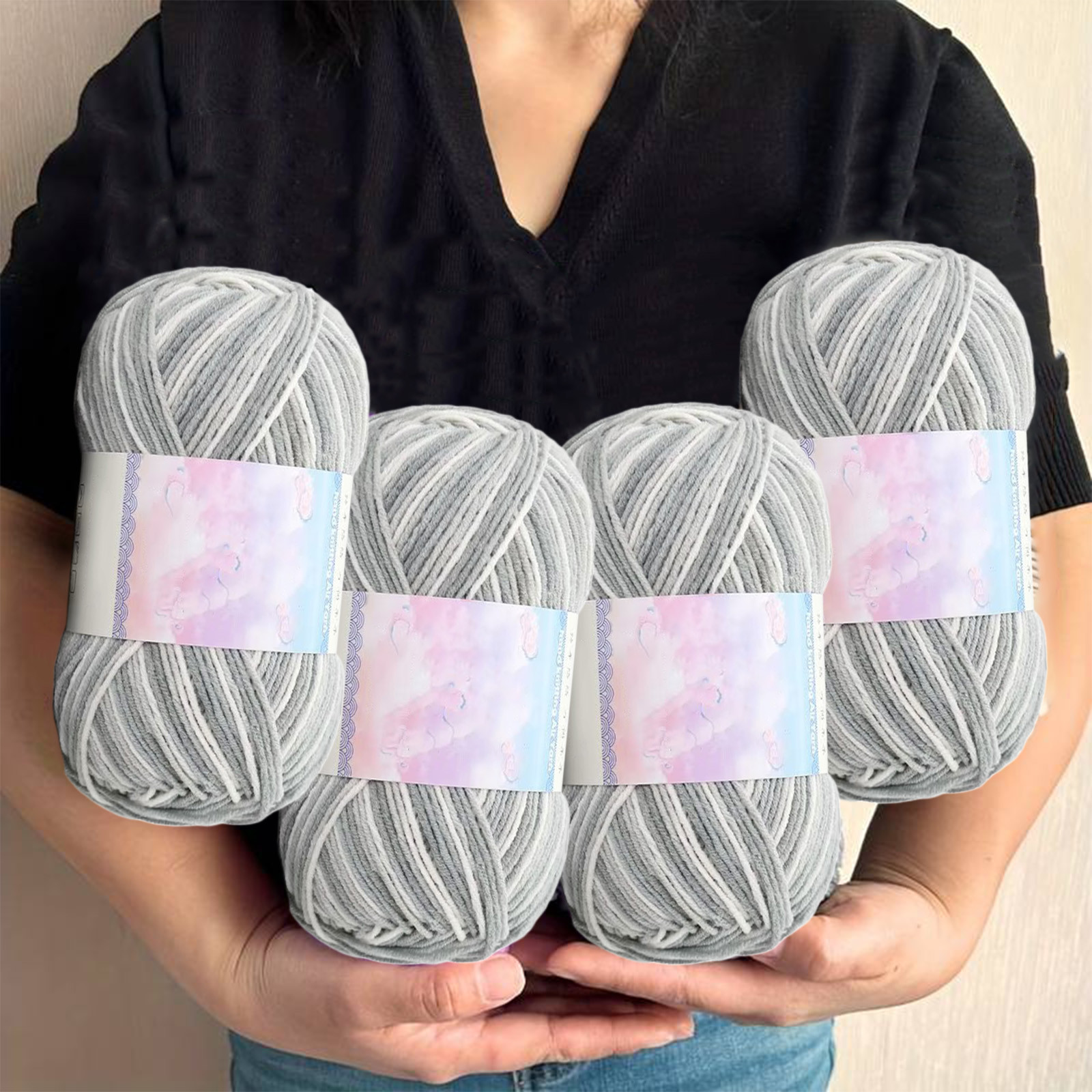 Milk Cotton Tie-Dye Yarn for Knitting and Crochet,130m Multicolor Gradient Wool,Soft and Durable for Blankets and Crafts,Versatile Use for DIY Projects and Creative Knitting Gray - Image 4