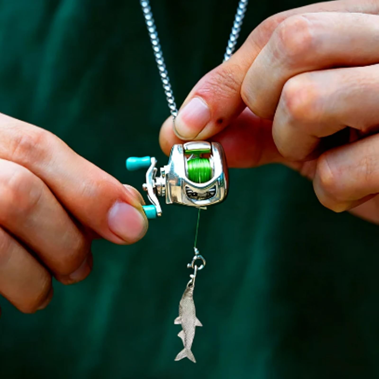 Mini Fishing Reel Necklace with Rotating Handle,Functional Spinning Reel Pendant for Anglers,Movable Line Guide and Keychain Loop,Collectible Gift for Fishing Lovers,Men,or Outdoor Enthusiasts. - Image 4