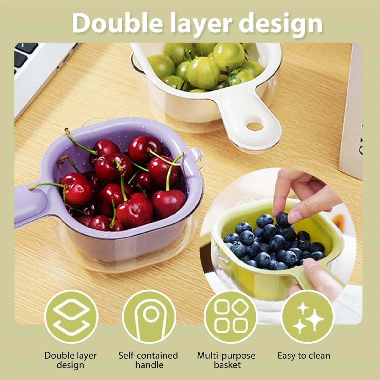 Small Fruit Colander, Fruit Rinser Strainer Container Dual-Layer Vegetable Cutting And Draining Basket, Watermelon Bowl With Strainer For Mini Berry And Tomato Grape Washer, 1 Pcs, 7.67x4.72 7.67