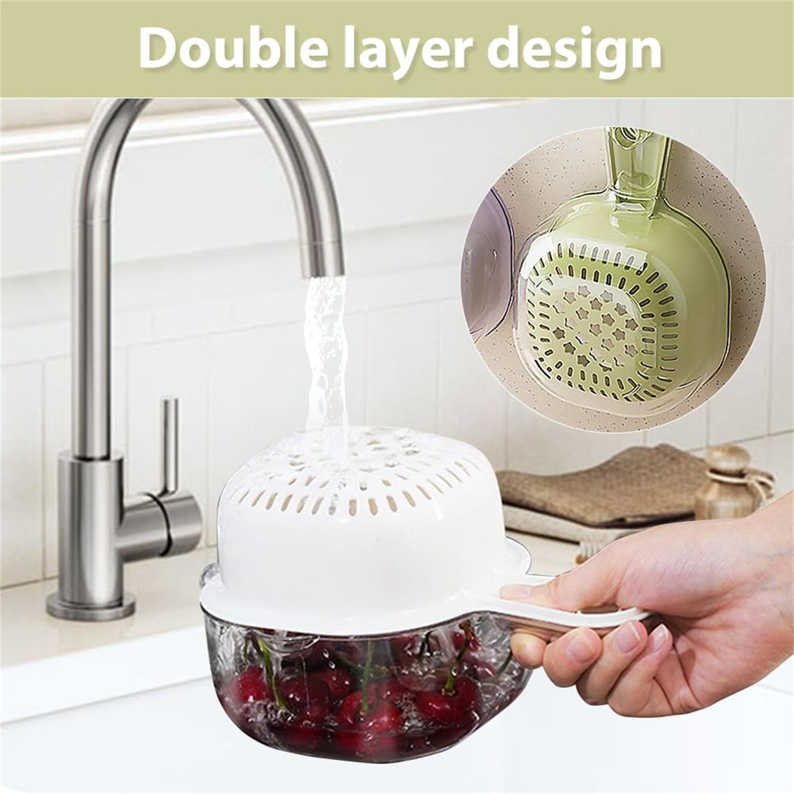 Small Fruit Colander, Fruit Rinser Strainer Container Dual-Layer Vegetable Cutting And Draining Basket, Watermelon Bowl With Strainer For Mini Berry And Tomato Grape Washer, 1 Pcs, 7.67x4.72 7.67