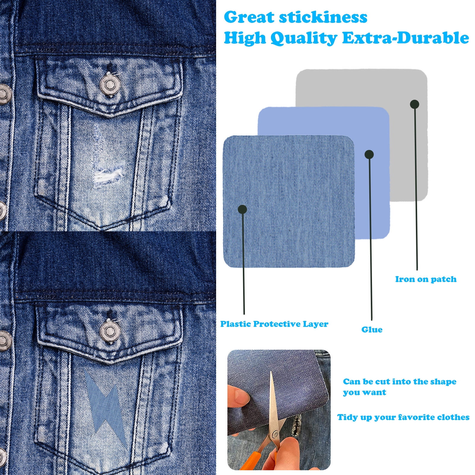 Iron On Patches for Clothes 5pcs, Iron On Patches for Jeans, Cotton Denim Repair Patch for Inside Jeans Fabric Kit, Jeans Knee, Pants, Clothing,Clothing Repair Decorating Accessories(Blue1+Blue2) Blue1+Blue2 - Image 4