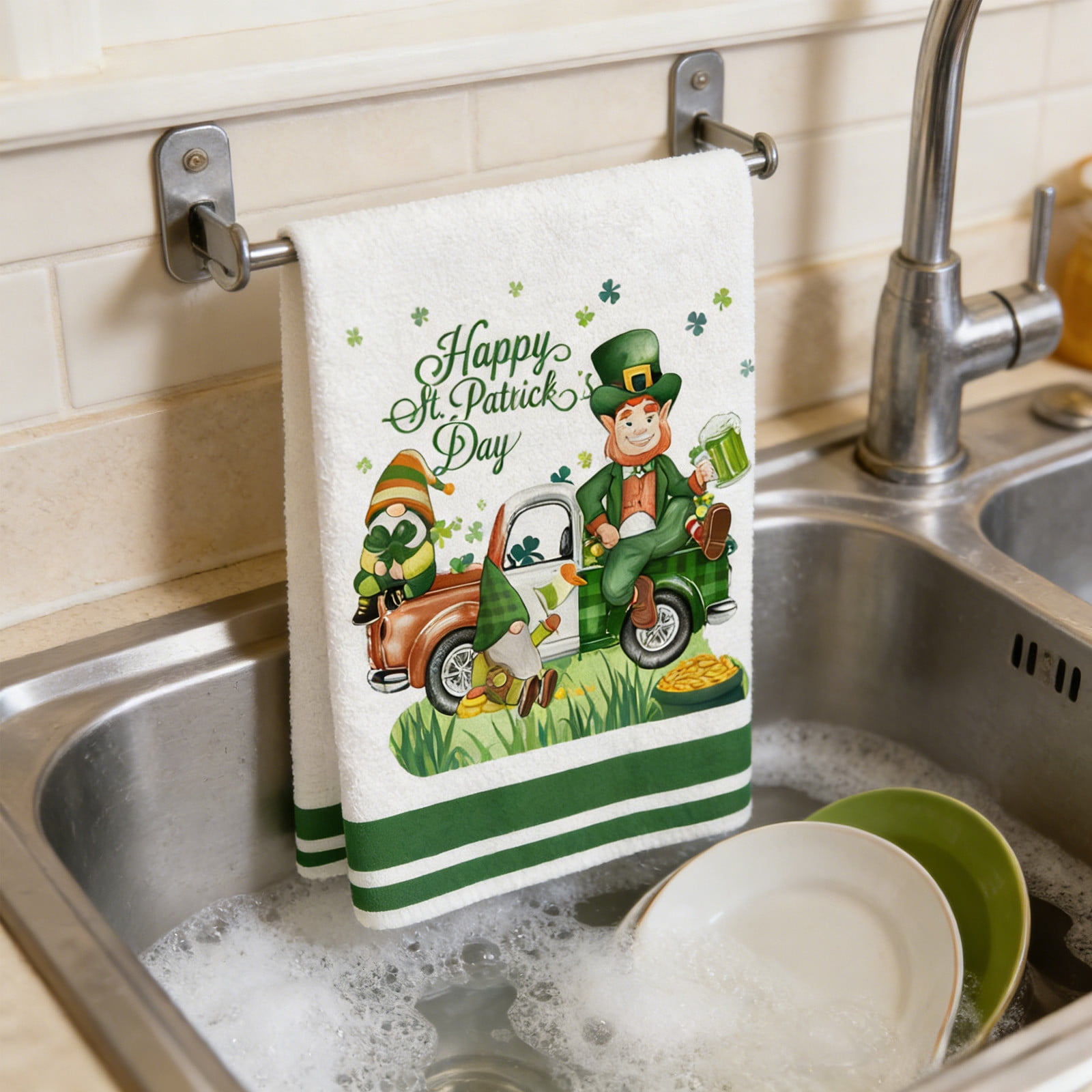 Shamrock Green Dish Towel,Set of 1 St.Patrick's Day Kitchen Towel,Bathroom Decorative Cloth for Irish Decoration Kitchen Bathroom Home Cooking Housewarming Gifts,15 x 24 Inch C - Image 4
