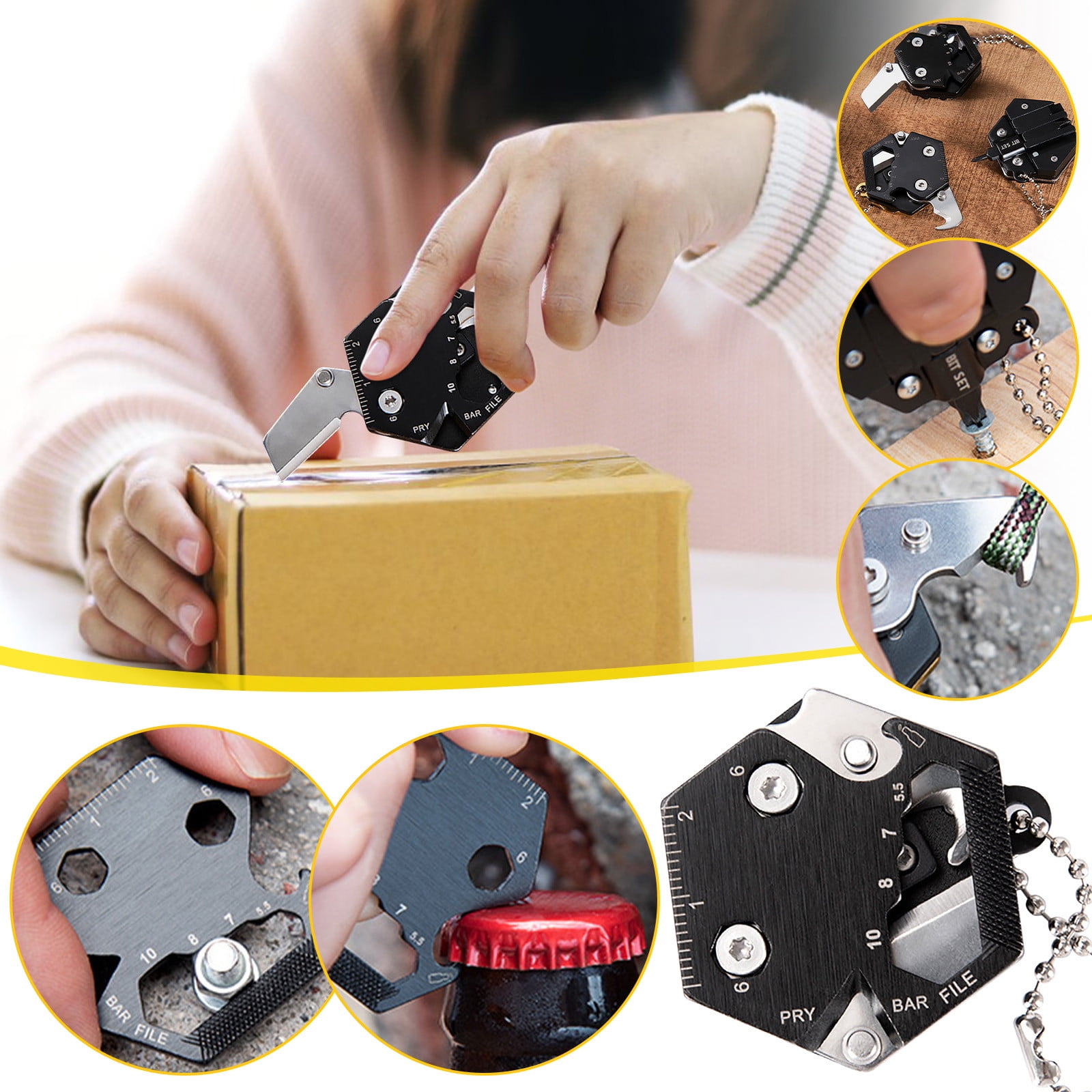 CCMAOLU Hexagonal Multitool Keychain,Portable Pocket Tool with Folding Cutter,Screwdriver Set,Bottle Opener for Outdoor Hiking,Camping,Emergency Seat Belt Cutter,Small Fashion Keychain Tool - Image 2