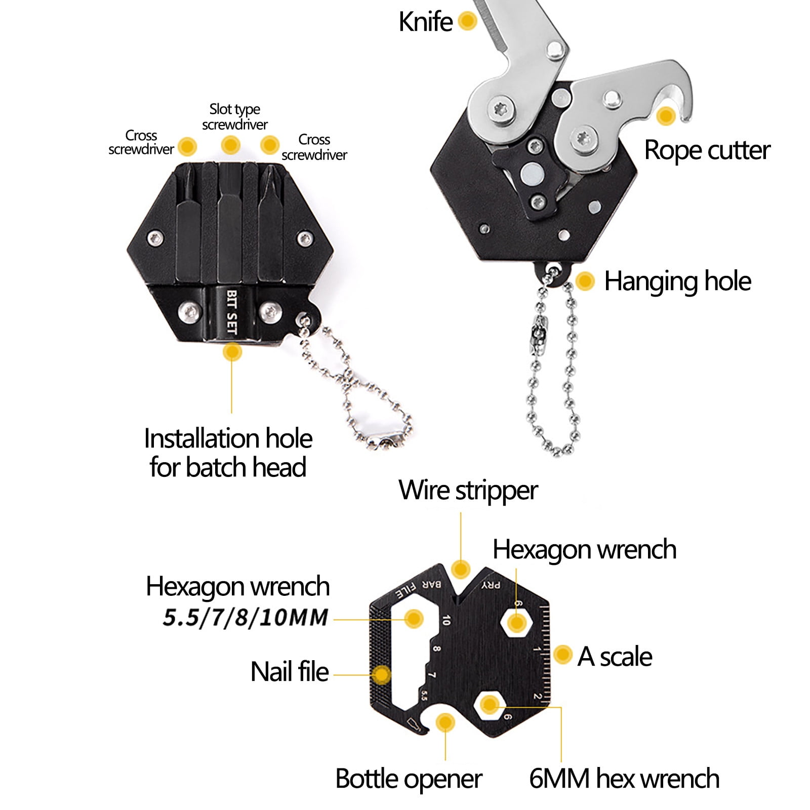 CCMAOLU Hexagonal Multitool Keychain,Portable Pocket Tool with Folding Cutter,Screwdriver Set,Bottle Opener for Outdoor Hiking,Camping,Emergency Seat Belt Cutter,Small Fashion Keychain Tool - Image 4