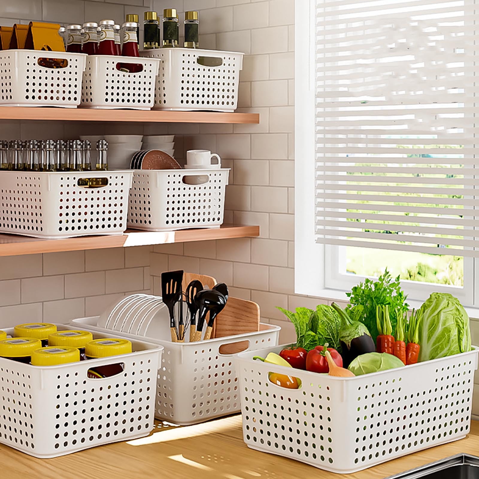 Large Plastic Storage Basket for Home Organization, Tabletop Snack Bin or Vegetable Container, Handled Open Crate for Kitchen or Bathroom, Space-Saving Versatile Decluttering Solution C - Image 2