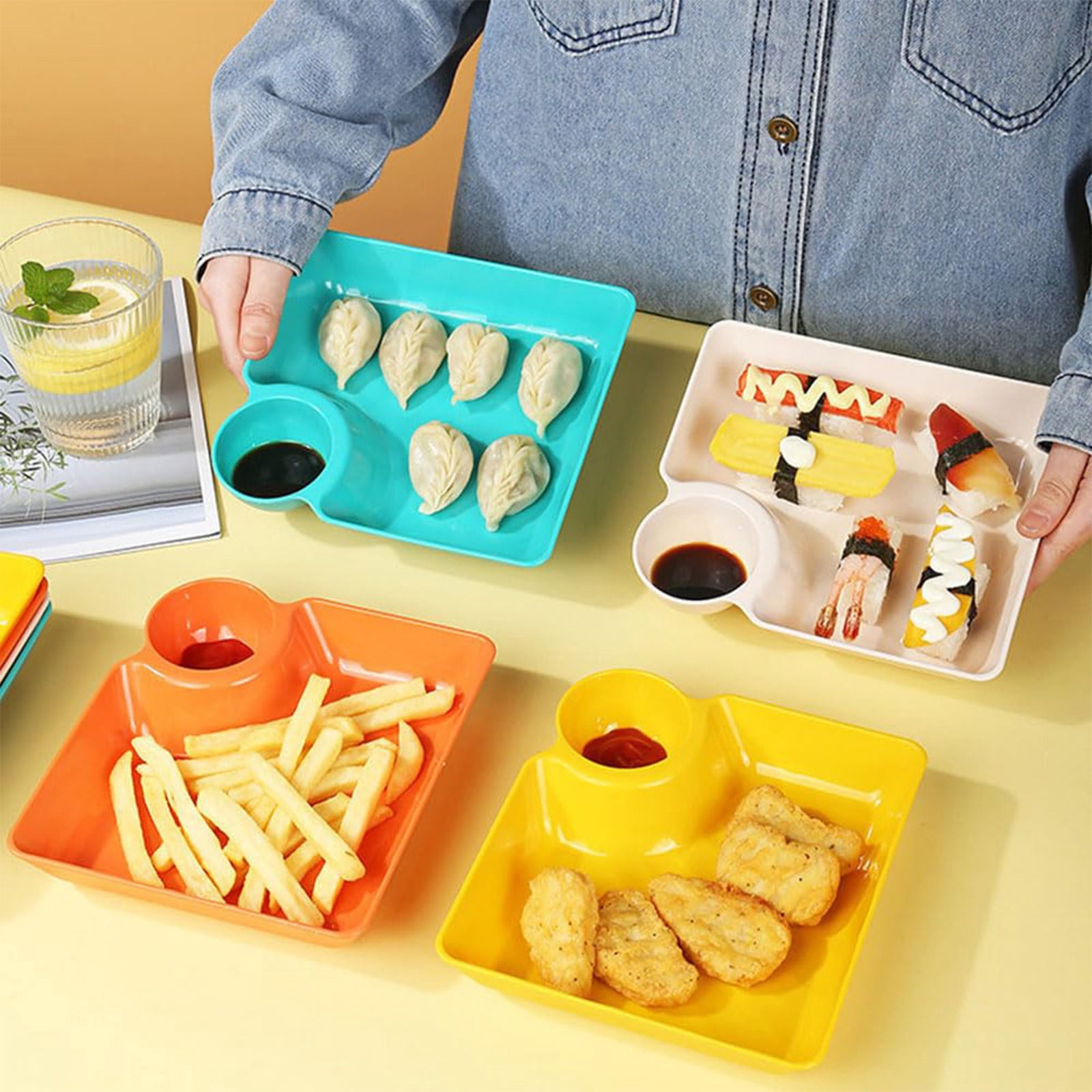Chip Dip Serving Platter, Plastic Dumpling Plates with Sauce Compartment, Square Serving Dish Sushi Plates, Small Dip Tray for Appetizer, Taco Salsa, Fruit, Charcuterie, 1 Pcs, 7.28x7.2x1.6 7.28