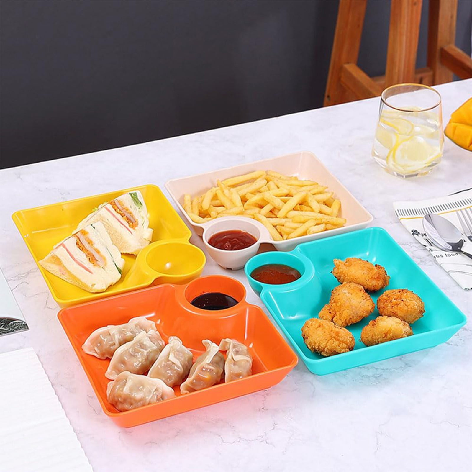 Chip Dip Serving Platter, Plastic Dumpling Plates with Sauce Compartment, Square Serving Dish Sushi Plates, Small Dip Tray for Appetizer, Taco Salsa, Fruit, Charcuterie, 1 Pcs, 7.28x7.2x1.6 7.28