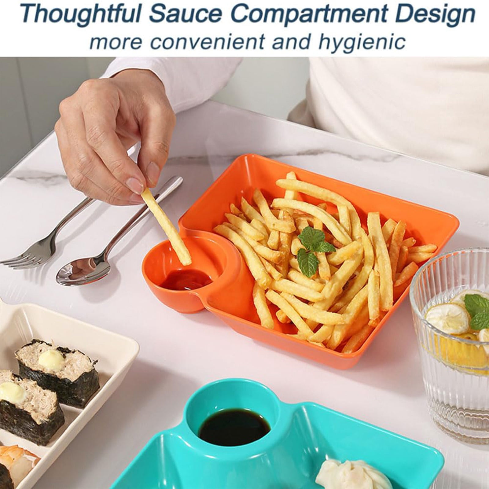 Chip Dip Serving Platter, Plastic Dumpling Plates with Sauce Compartment, Square Serving Dish Sushi Plates, Small Dip Tray for Appetizer, Taco Salsa, Fruit, Charcuterie, 1 Pcs, 7.28x7.2x1.6 7.28