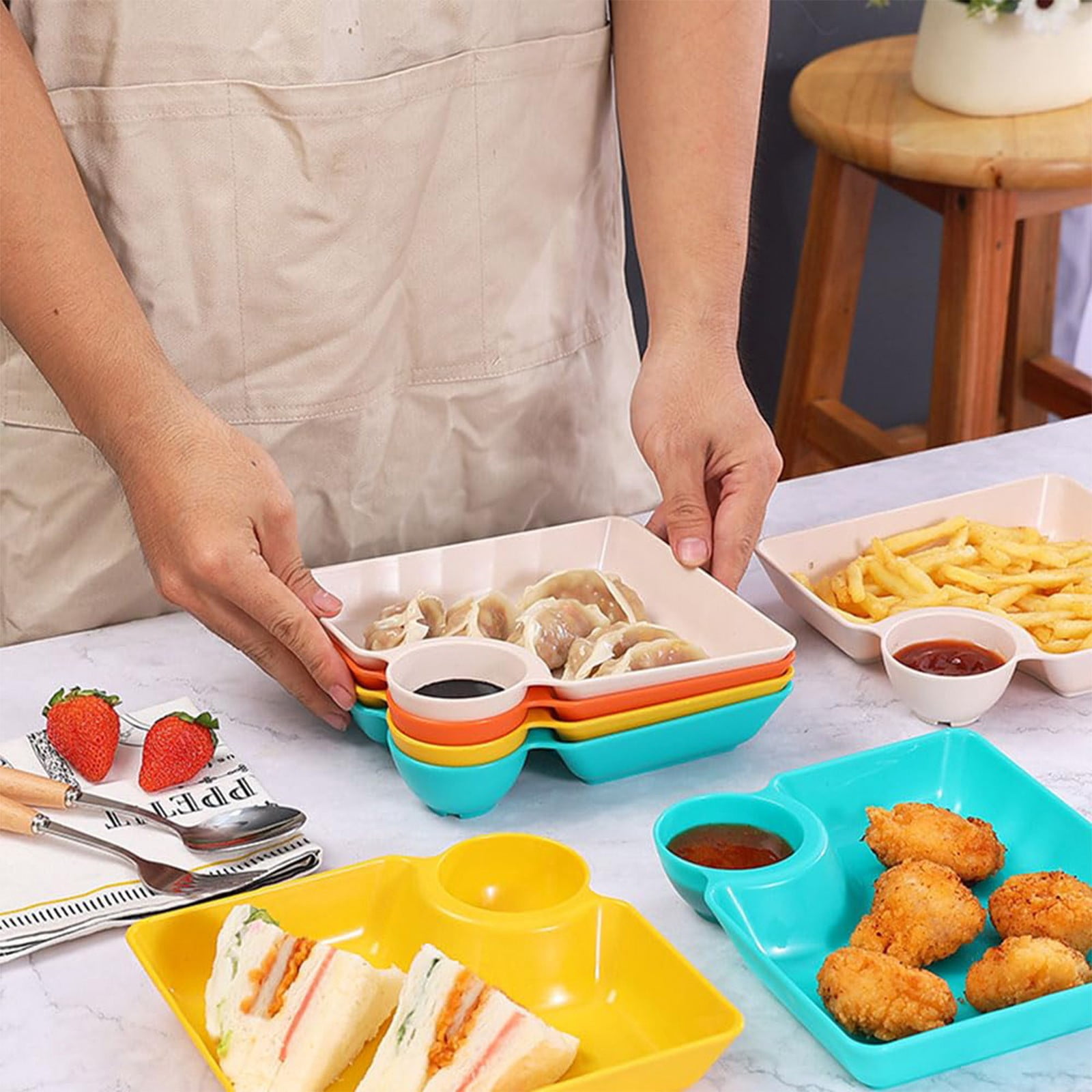 Chip Dip Serving Platter, Plastic Dumpling Plates with Sauce Compartment, Square Serving Dish Sushi Plates, Small Dip Tray for Appetizer, Taco Salsa, Fruit, Charcuterie, 1 Pcs, 7.28x7.2x1.6 7.28