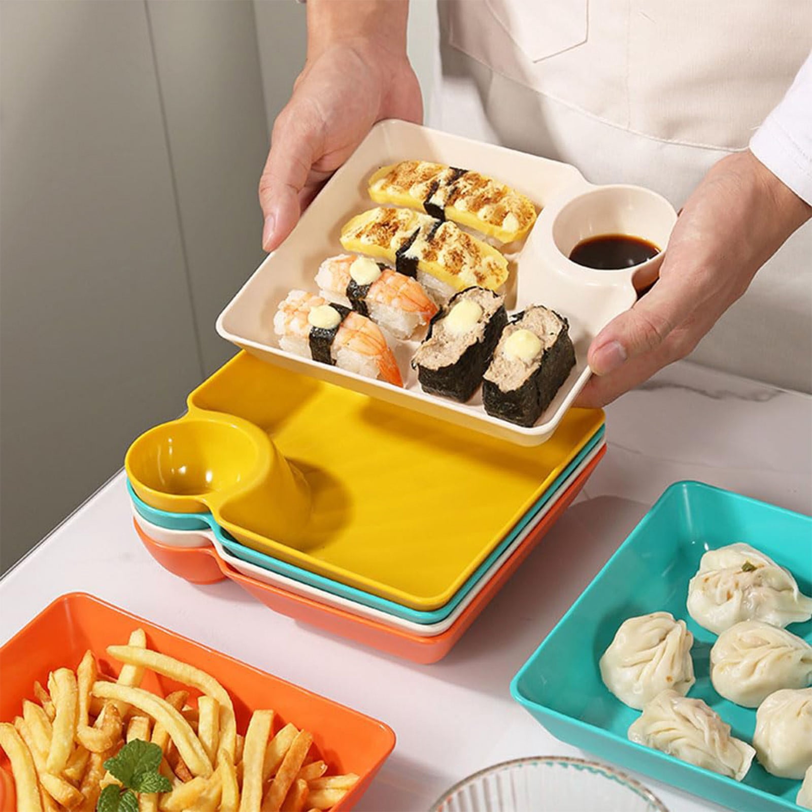 Chip Dip Serving Platter, Plastic Dumpling Plates with Sauce Compartment, Square Serving Dish Sushi Plates, Small Dip Tray for Appetizer, Taco Salsa, Fruit, Charcuterie, 1 Pcs, 7.28x7.2x1.6 7.28