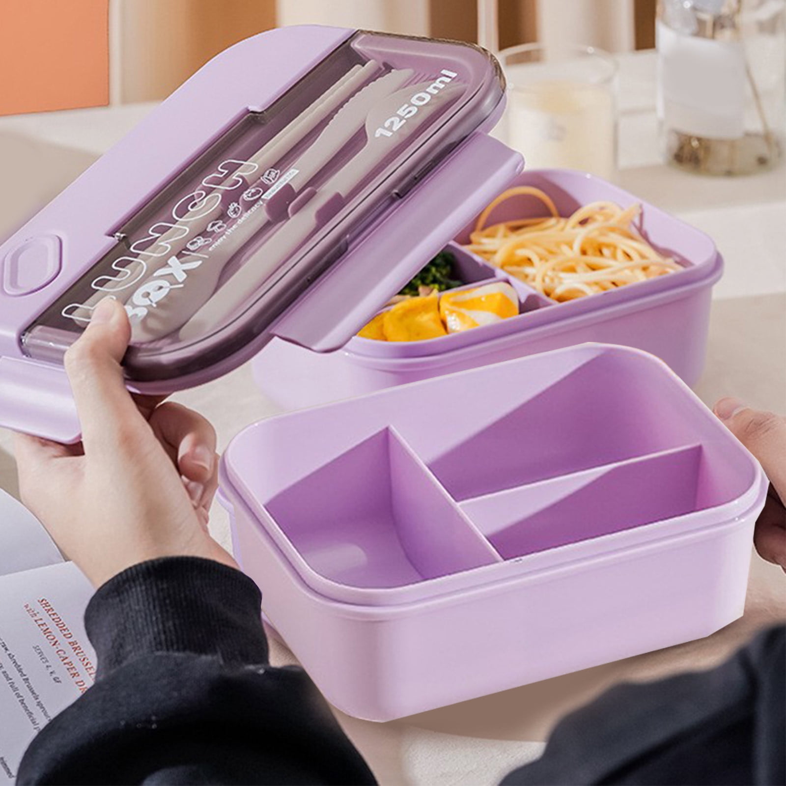 Lunch Box Containers With Dividers, 3 Compartments In One Large Lunch Box, Leakproof Lunch Box, Plastic Microwave Lunch Box Sealed Adult, Suitable For Dining Out Work Purpel - Image 3