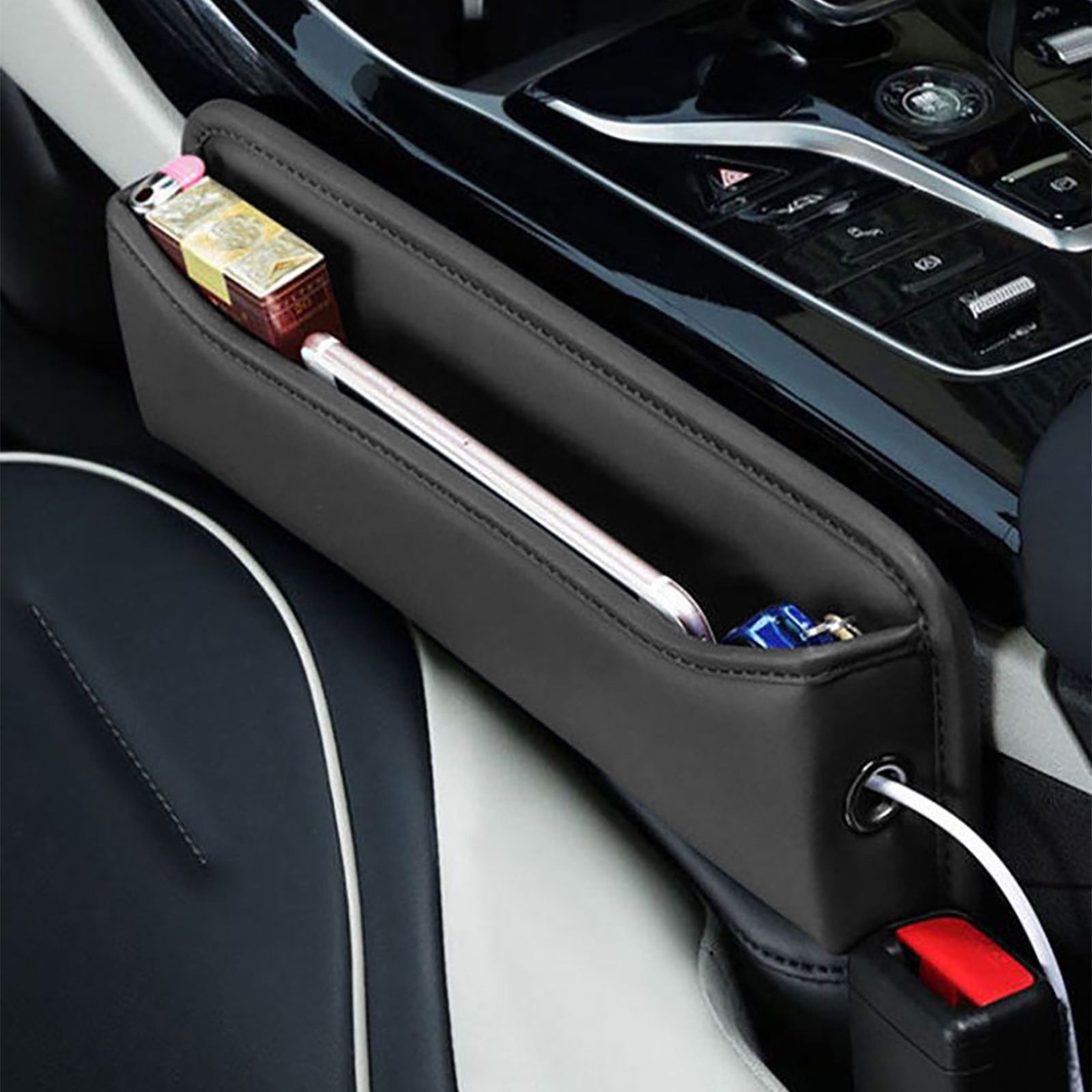 Car Seat Gap Filler, Premium Leather Car Seat Organizer, Universal Fit Car Seat Storage Box, Adjustable Front Seat Gap Filler for Phones, Glasses, Keys, Cards Black - Image 1