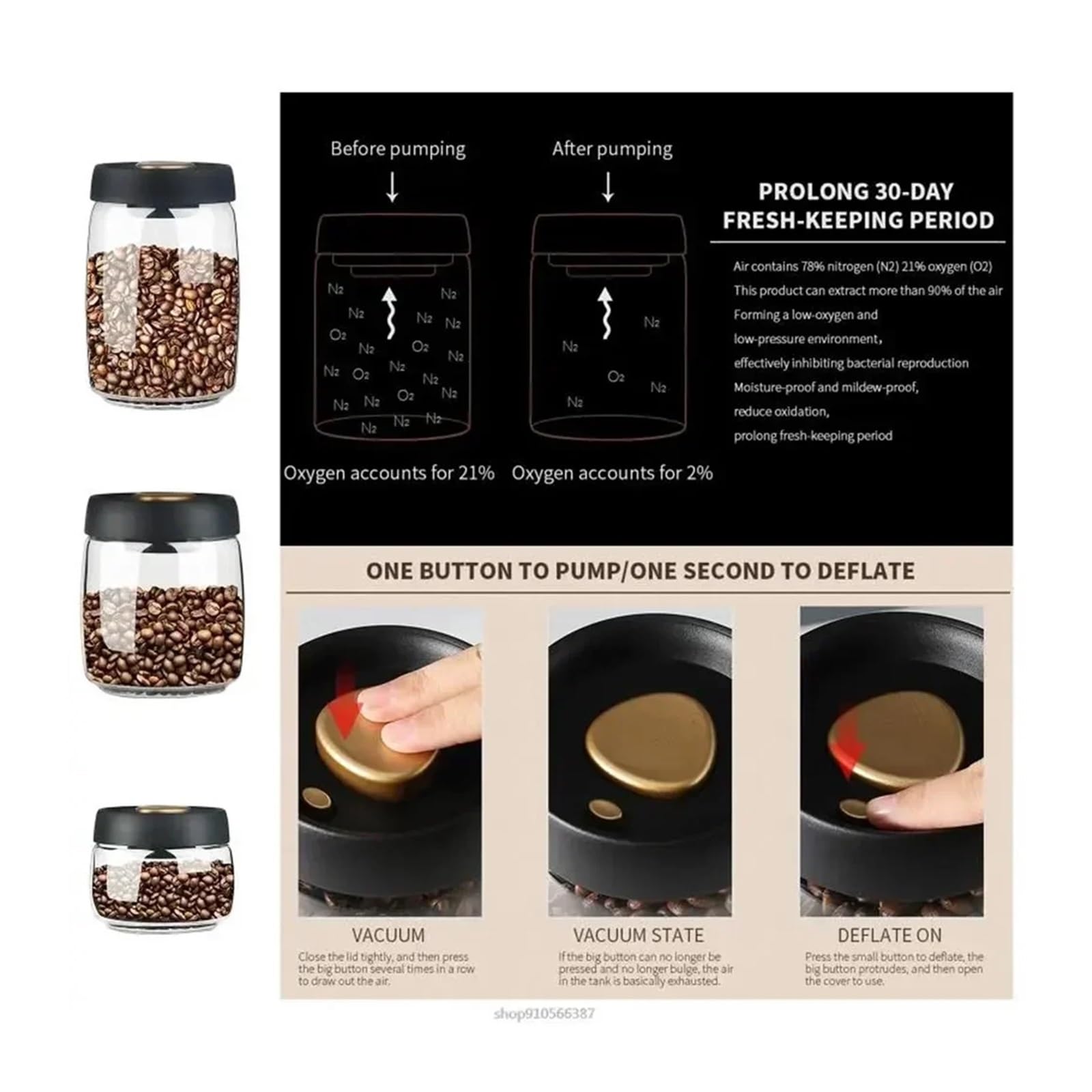 Glass Storage Containers - Storage Tin - Modern, manual vacuum storage tank made of borosilicate glass with moisture-proof lid for kitchen coffee condiments(900ml) - Image 5