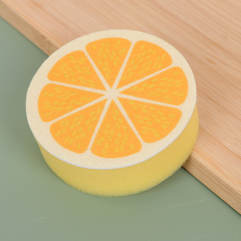 Scouring pad - Dishwashing sponge - Kitchen sponge - Magic sponge - Household sponge - Cleaning sponge - Dishwashing sponge - Sponges - Pan sponge - Scratch-free - Cleaning supplies - Fruit shape - Orange - Yellow - 1 piece - Image 1