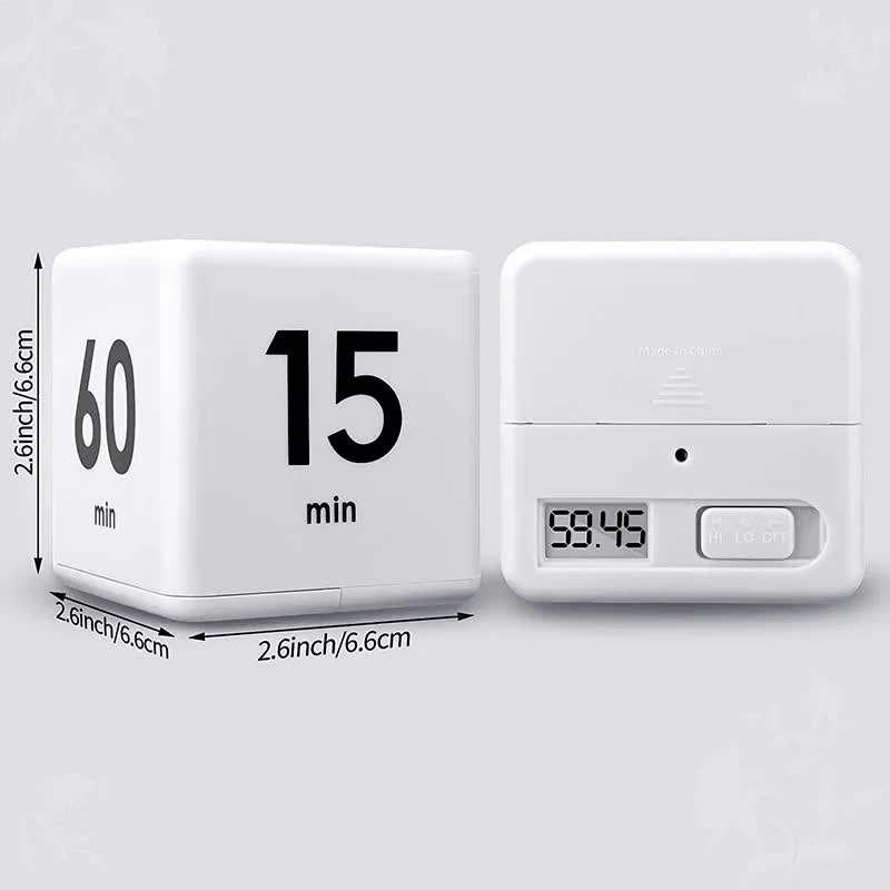 Flip Cube kitchen timer/countdown reminder with a gravity sensor, suitable for kitchens, bedrooms, offices, living rooms, and desks. It facilitates time management and offers timer options of 15, 20, 30, and 60 minutes. - Image 1