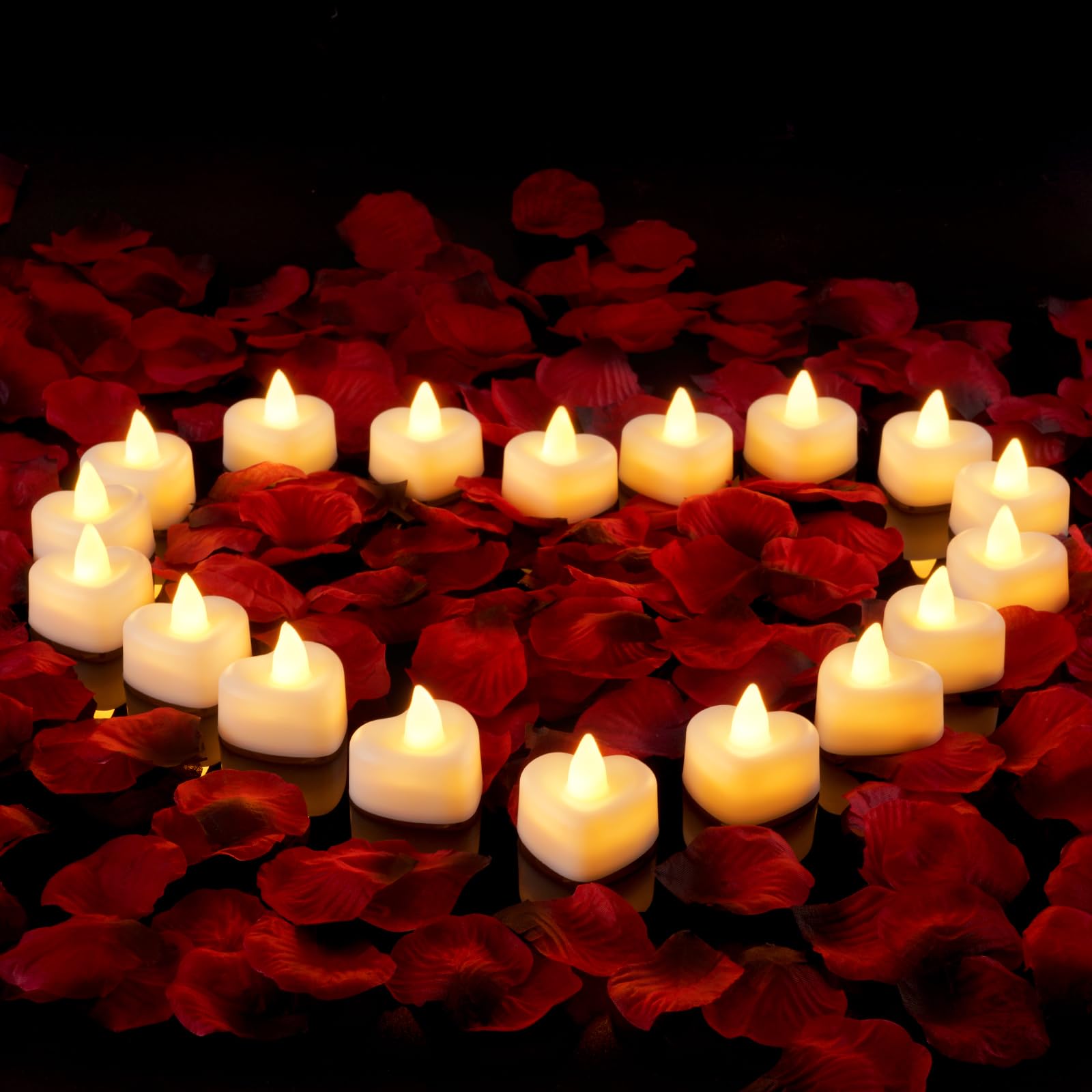 Battery Operated Candles - Set of Rose Petal Candles - 99 Artificial Rose Petals - 24 Heart-Shaped LED Tea Lights - Suitable for Proposals - Anniversaries - Romantic Evenings - Table Decorations - Weddings - Birthdays - Image 1