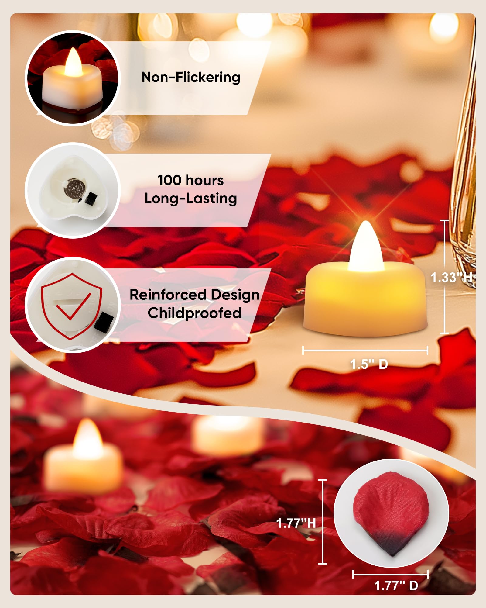 Battery Operated Candles - Set of Rose Petal Candles - 99 Artificial Rose Petals - 24 Heart-Shaped LED Tea Lights - Suitable for Proposals - Anniversaries - Romantic Evenings - Table Decorations - Weddings - Birthdays - Image 2