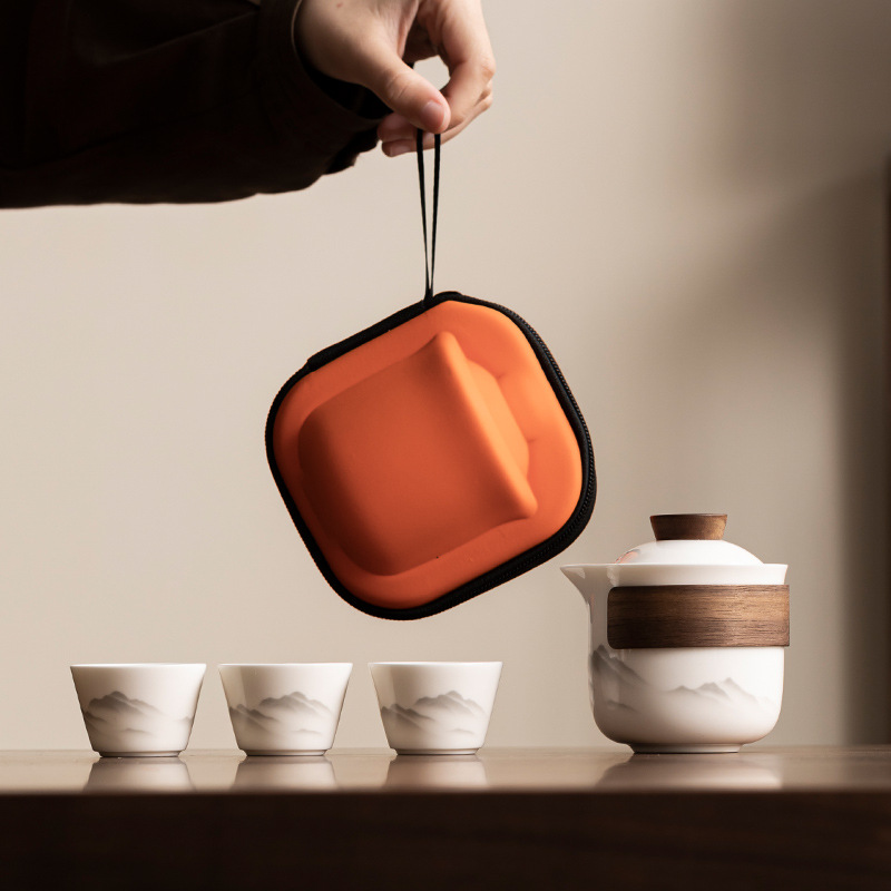 Travel Tea Set - Tea Set - Teapot - Teacups - Ceramic - Kung Fu - Camping - Outdoor - Travel - Including Travel Bag - 4 Pieces - Gift - White - Image 1