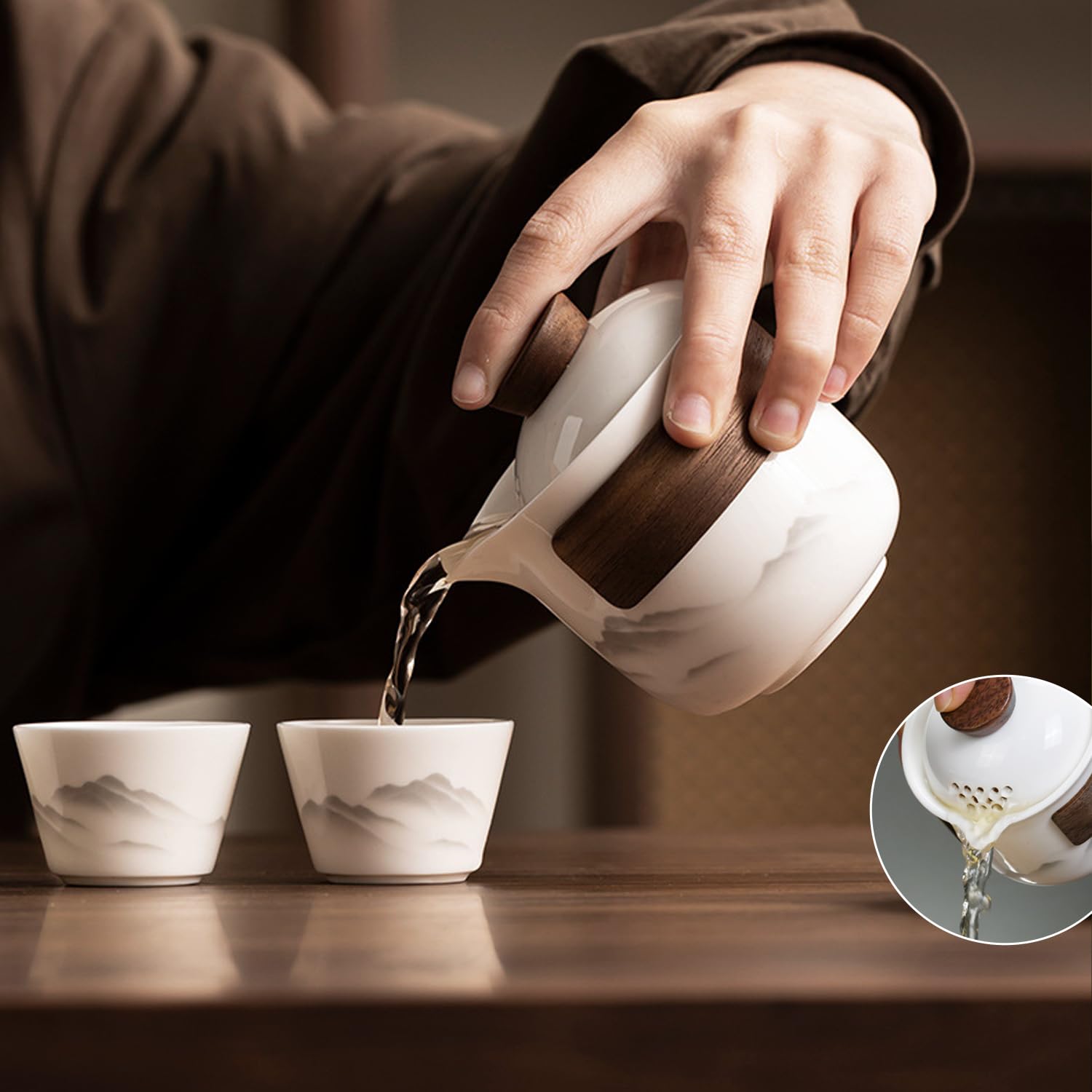 Travel Tea Set - Tea Set - Teapot - Teacups - Ceramic - Kung Fu - Camping - Outdoor - Travel - Including Travel Bag - 4 Pieces - Gift - White - Image 5