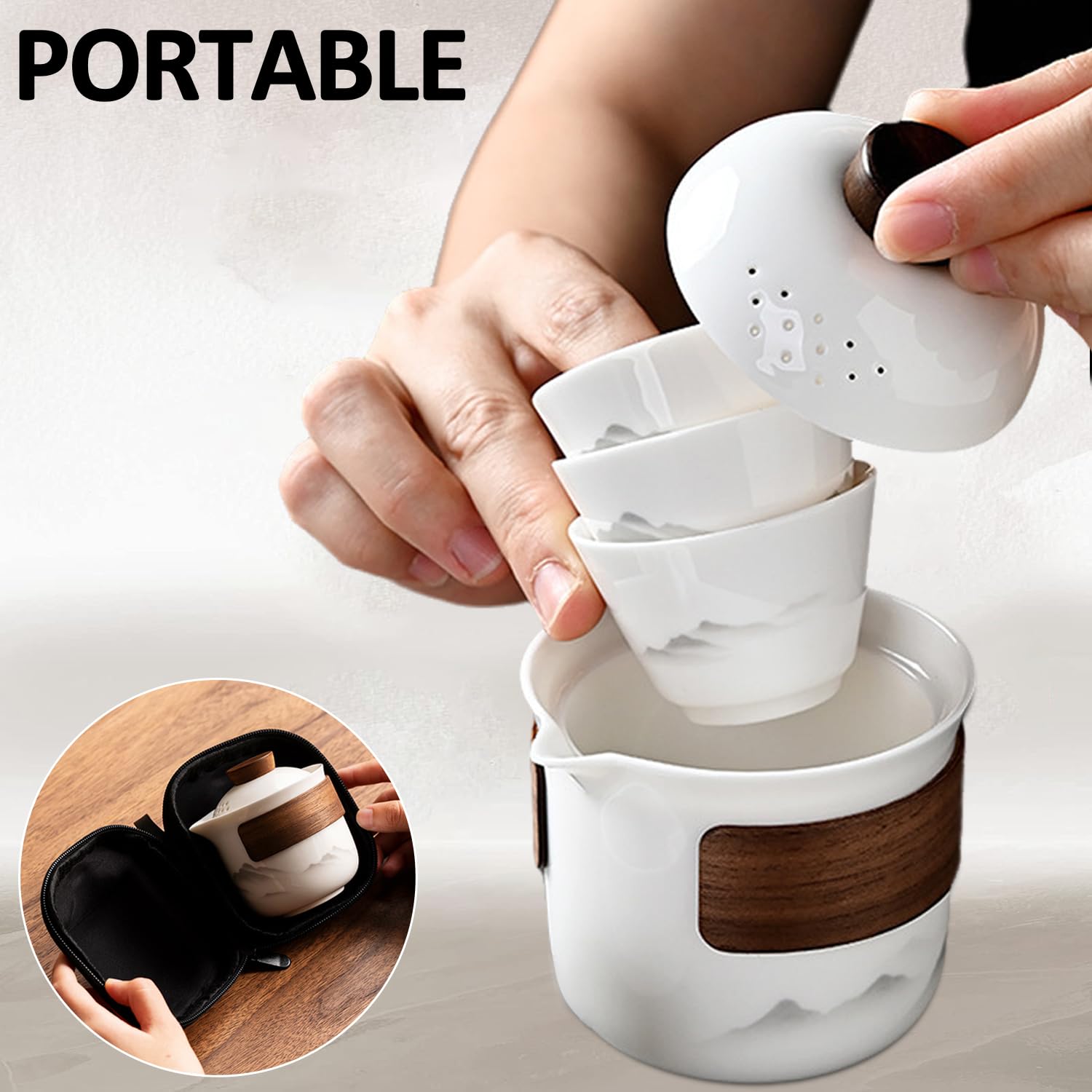 Travel Tea Set - Tea Set - Teapot - Teacups - Ceramic - Kung Fu - Camping - Outdoor - Travel - Including Travel Bag - 4 Pieces - Gift - White - Image 7