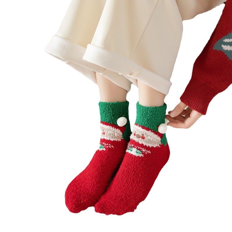 Christmas Socks Women - House Socks - Warm Winter Socks - Fluffy Socks - Christmas Gift Woman - In Christmas Ball - Slipper Socks - Soft Socks - Santa Claus - Holidays - Gift for Her - Funny Socks - Bed Socks - Red Green - One Size - 1 Piece - Image 1