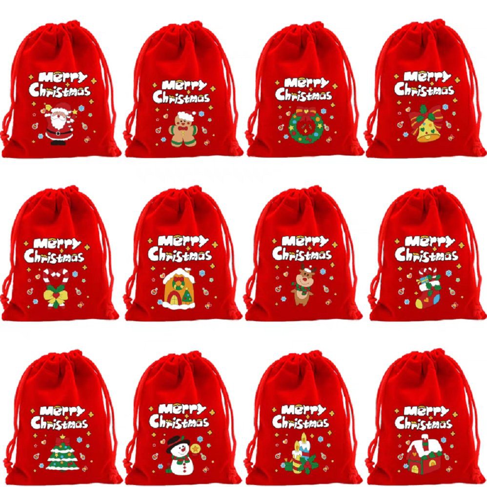 Christmas Gift Bags - Gift Bags - Advent Calendar Bags - Candy Bags - Christmas Packaging - Party Bags - With Drawstring - Reusable - Red - Santa Claus - Snowman - Reindeer - Gift Bags - Christmas Decorations - Holidays - Set of 12 - Image 1