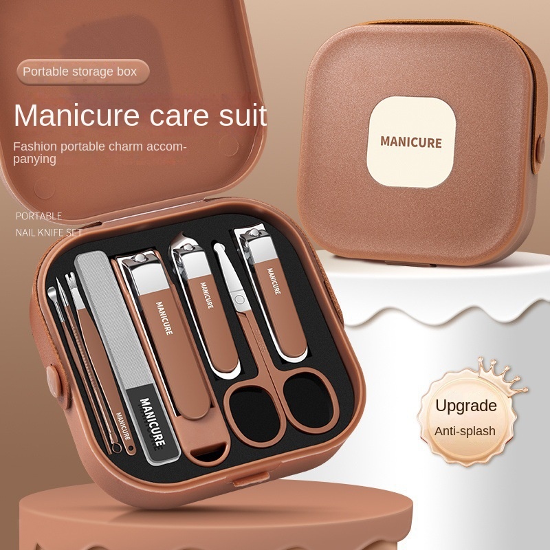 Manicure set - Pedicure set - Nail clippers - Nail scissors - Nail file - Tweezers - Stainless steel - Luxury case - Travel size - Nail cutting - Cuticle pusher - Nail styling - Hands and feet - Compact - Beige - 7 pieces - Image 2
