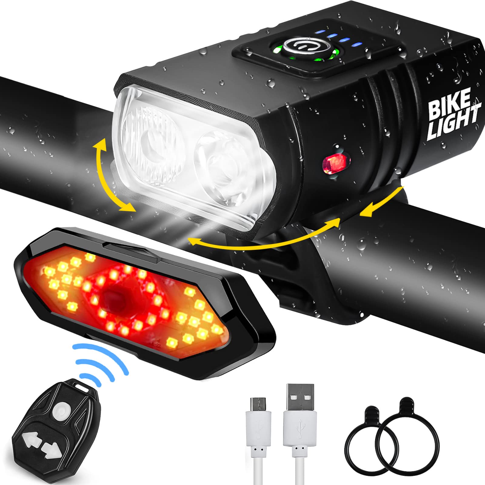 Bicycle Lighting Set - Bicycle Headlight - Rear Light with Turn Signal - USB Rechargeable - Bicycle Lights - LED Lighting - Flashing Light - Waterproof - Wireless Remote Control - MTB Accessories - Road Bike - City Bike - Black - 1 Piece - Image 1
