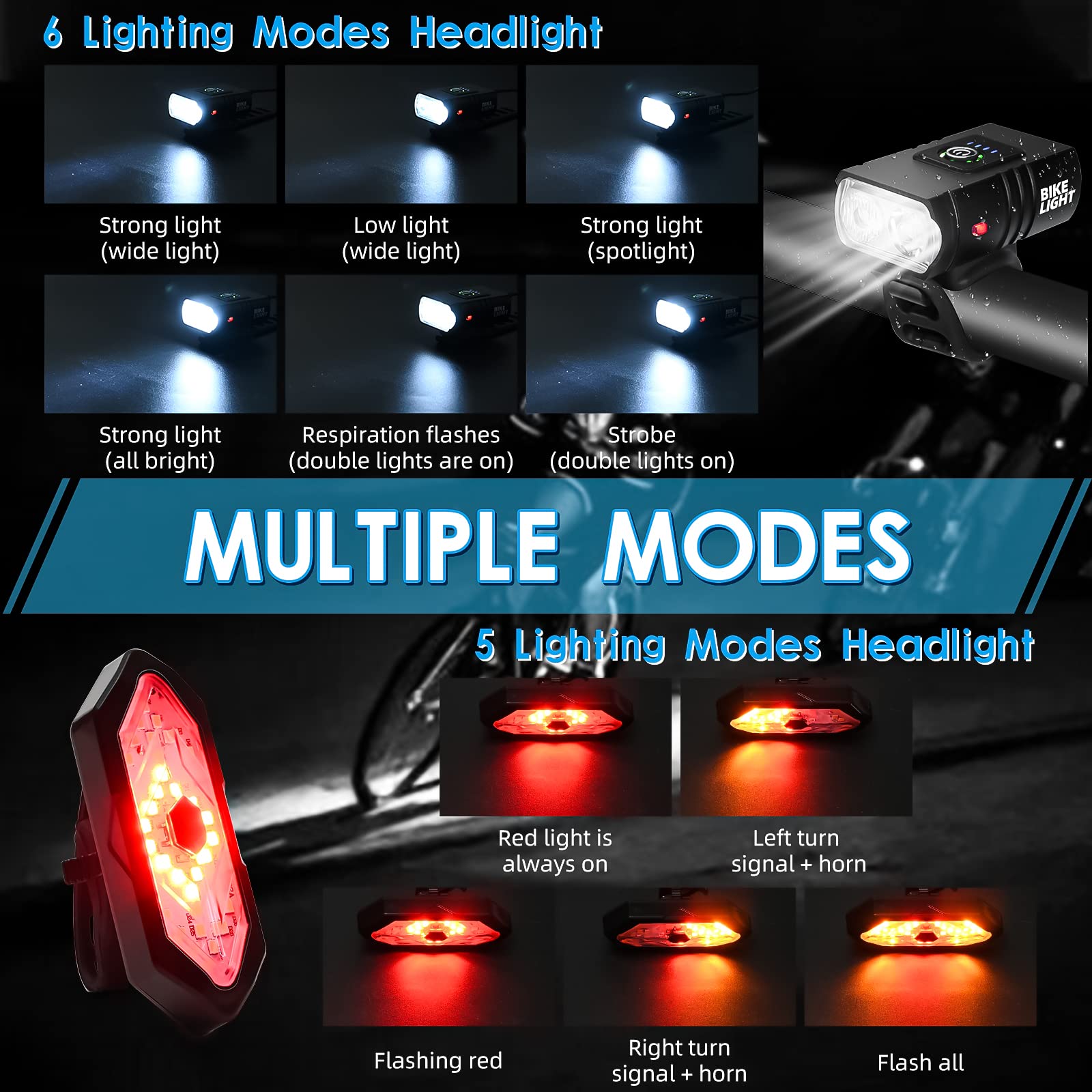 Bicycle Lighting Set - Bicycle Headlight - Rear Light with Turn Signal - USB Rechargeable - Bicycle Lights - LED Lighting - Flashing Light - Waterproof - Wireless Remote Control - MTB Accessories - Road Bike - City Bike - Black - 1 Piece - Image 4