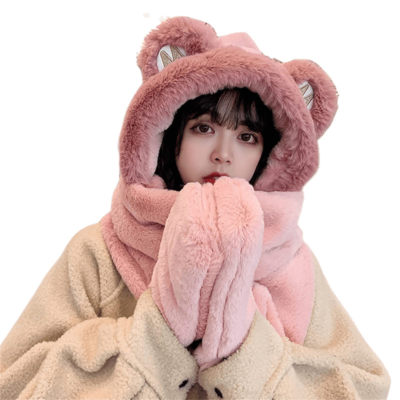 Winter Hat - Scarf - Mittens - 3 in 1 Set - Teddy Hat - Women's Winter Hat - Girls' Hat - Plush Hat - Hat with Ears - Warm Winter Set - Bear Hat - Soft Scarf - Hooded Hat - Fleece Hat - Gift for Women - Pink - One Size - Fluffy Hat - 1 Piece - Image 1