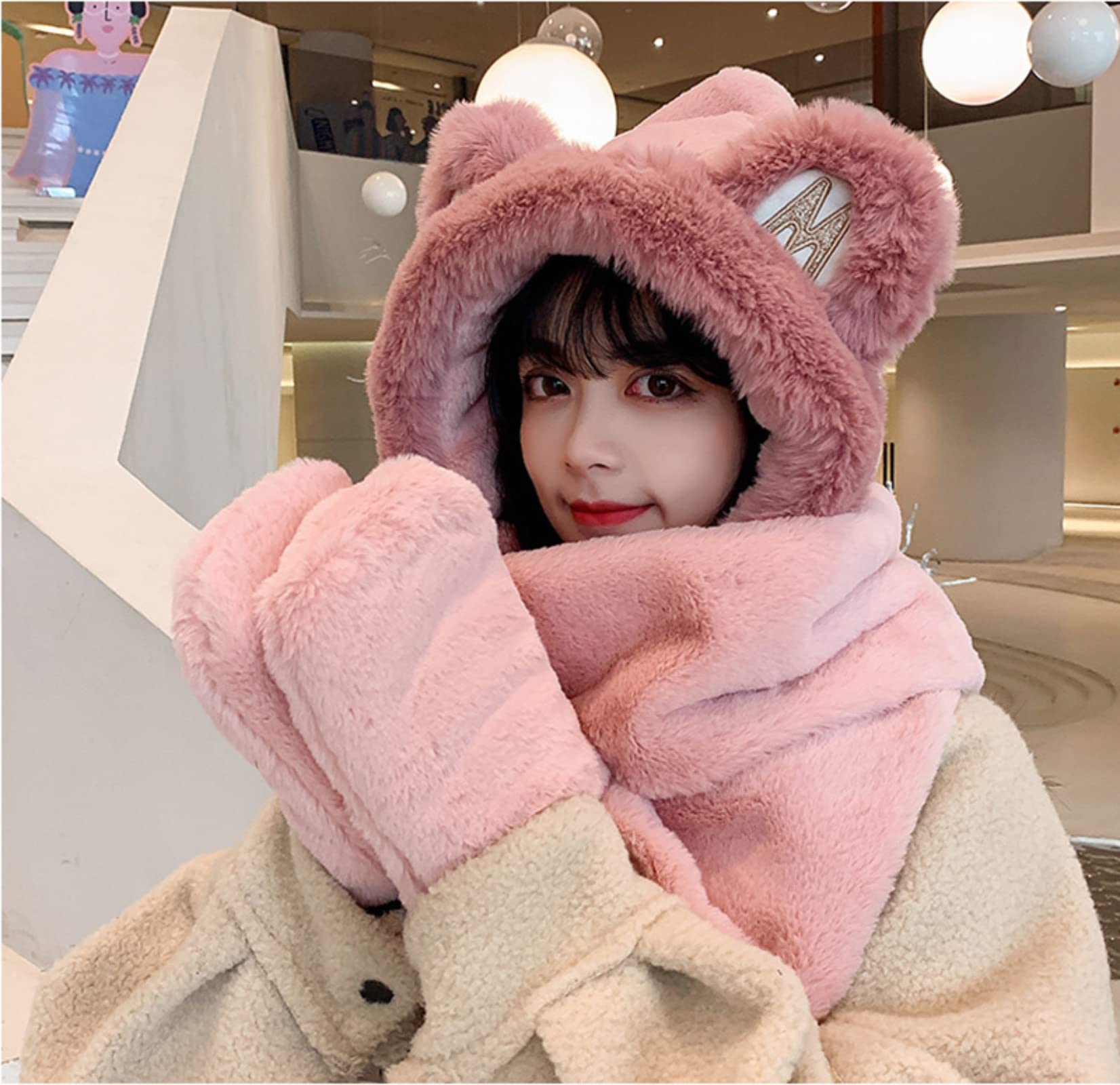 Winter Hat - Scarf - Mittens - 3 in 1 Set - Teddy Hat - Women's Winter Hat - Girls' Hat - Plush Hat - Hat with Ears - Warm Winter Set - Bear Hat - Soft Scarf - Hooded Hat - Fleece Hat - Gift for Women - Pink - One Size - Fluffy Hat - 1 Piece - Image 3