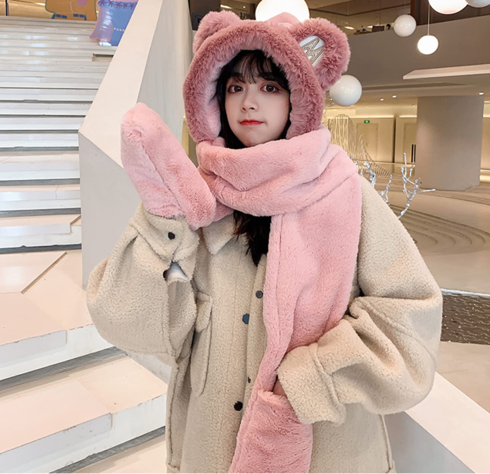 Winter Hat - Scarf - Mittens - 3 in 1 Set - Teddy Hat - Women's Winter Hat - Girls' Hat - Plush Hat - Hat with Ears - Warm Winter Set - Bear Hat - Soft Scarf - Hooded Hat - Fleece Hat - Gift for Women - Pink - One Size - Fluffy Hat - 1 Piece - Image 4