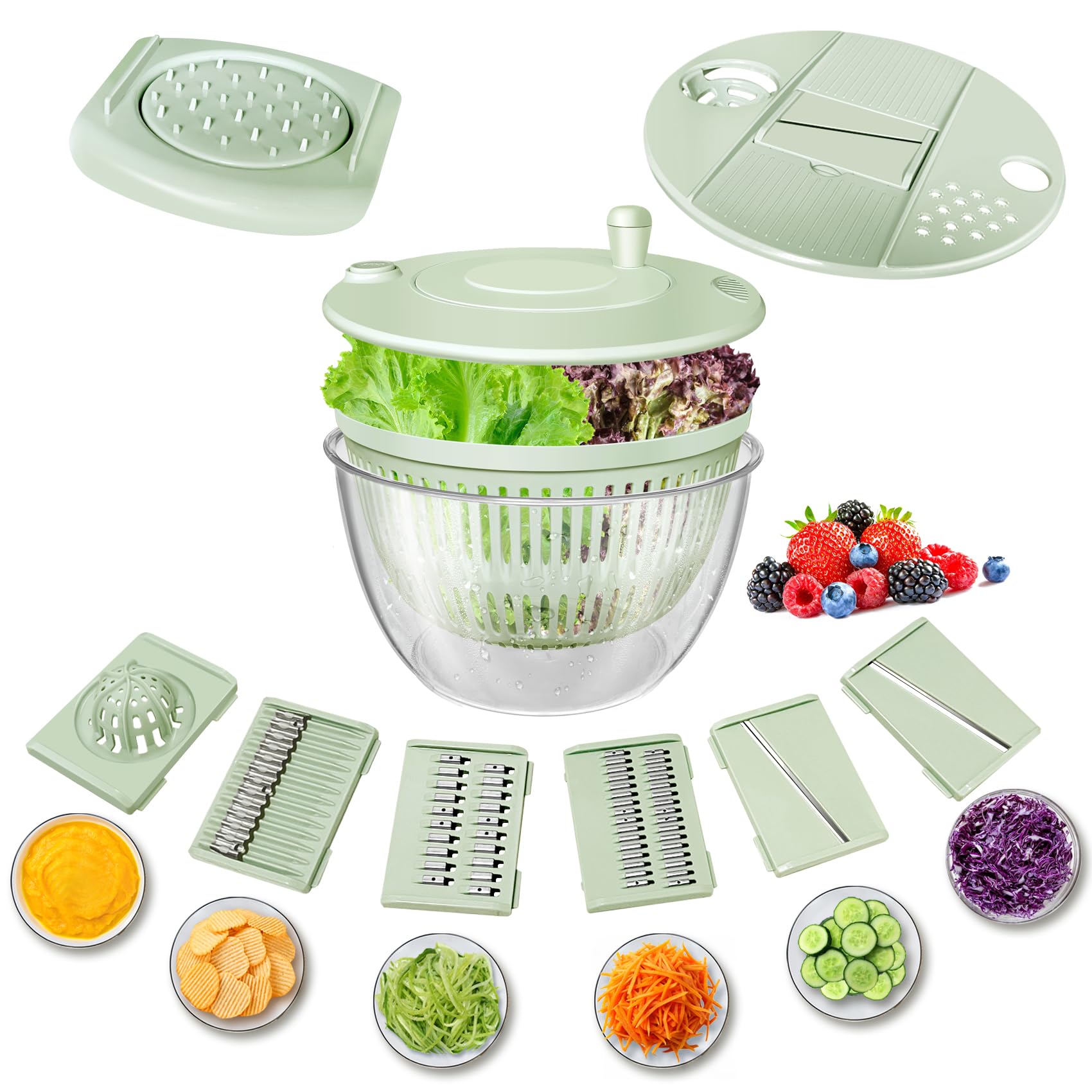 Vegetable Slicer - Salad Spinner - Mandoline - Salad Spinner - Multifunctional Vegetable Slicer - Vegetable Cutter Set - Grater - Kitchen Aid - Kitchen Utensil - Julienne Slicer - Vegetable Grater - Kitchen Gadget - Shredder - Mint Green - Lettuce Slicer - Image 1
