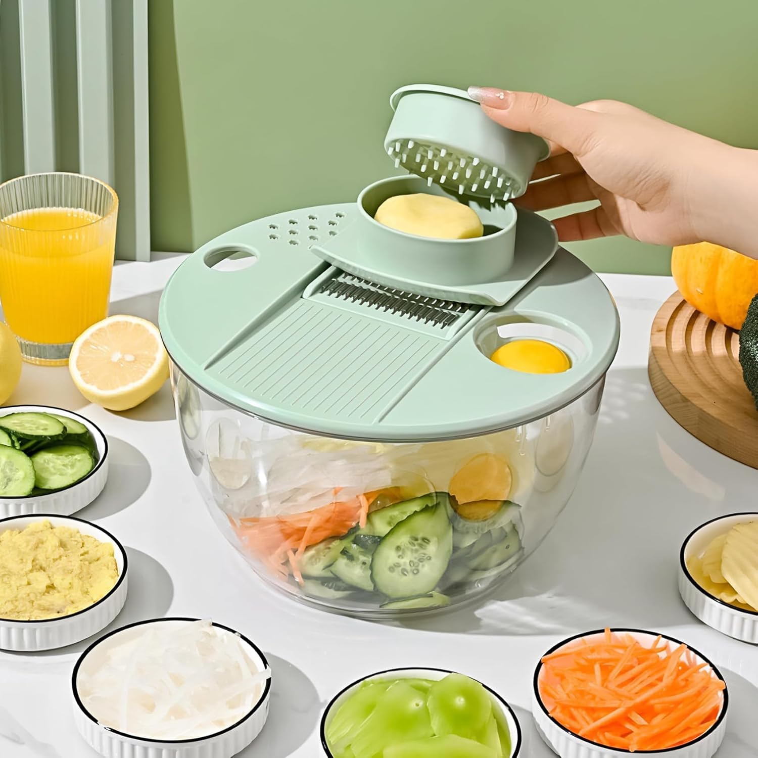 Vegetable Slicer - Salad Spinner - Mandoline - Salad Spinner - Multifunctional Vegetable Slicer - Vegetable Cutter Set - Grater - Kitchen Aid - Kitchen Utensil - Julienne Slicer - Vegetable Grater - Kitchen Gadget - Shredder - Mint Green - Lettuce Slicer - Image 6