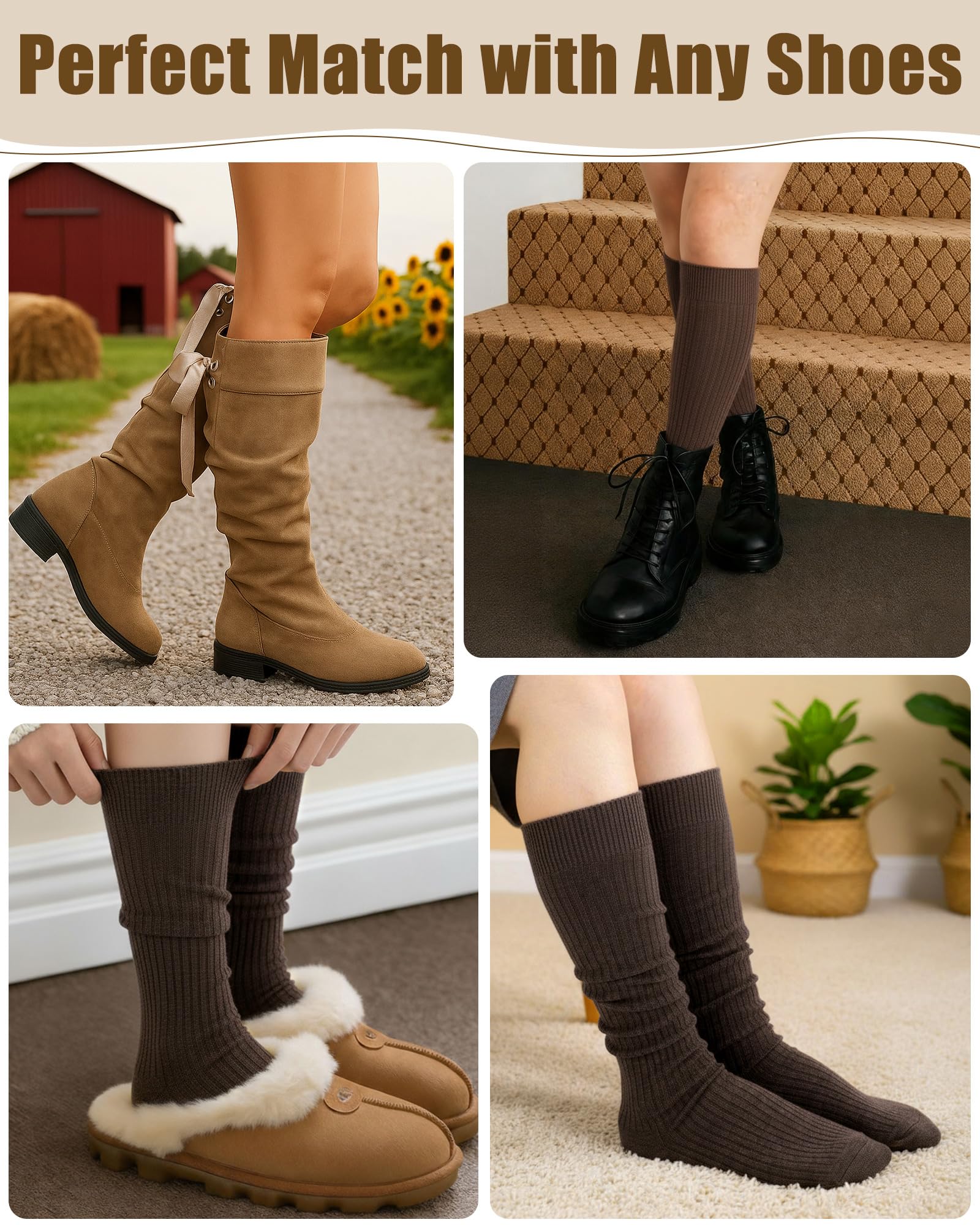 Knee Socks Women - Long Socks - Slouch Socks - Ribbed Socks - Drop-Down Socks - Winter Socks - Cotton - Leg Warmer Effect - High Socks - Warm House Socks - Women's Stockings - Ribbed Socks - Casual - Retro - Multicolor - 5 Pairs - Image 5