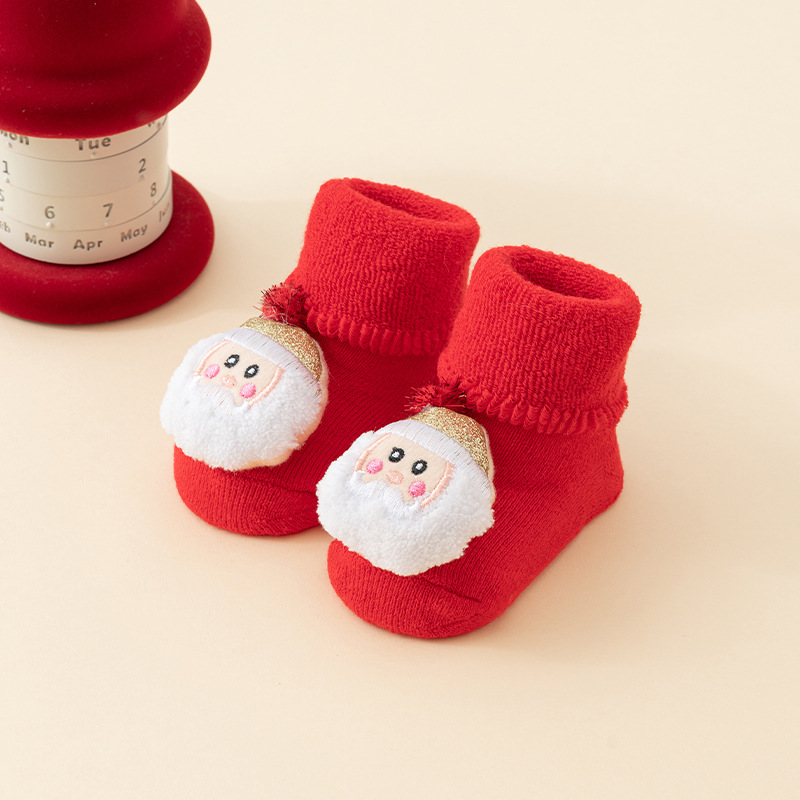 Baby Christmas Socks - Non-Slip Baby Socks - First Christmas - Warm House Socks - Snowman - Reindeer - Christmas Tree - Santa Hat - Christmas Gift - Booties - Winter Clothes - Maternity Gift - 3D Figures - Christmas Outfit - Red Mix - 6 Pairs - Image 1