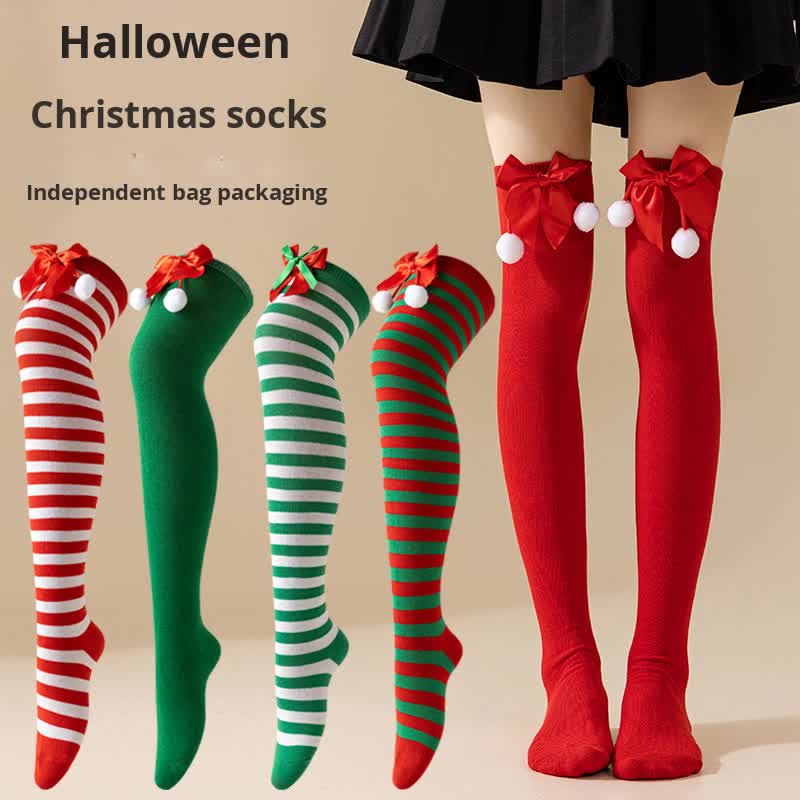 Christmas Socks Women - Overknee Socks - Christmas Knee Socks - Striped Socks - Elf Costume - Santa Claus - Stockings with Bow - Thigh High Stockings - Fancy Dress - Christmas Outfit - Holidays - Long Socks - Christmas Accessories - Multicolor - 5 Pairs - Image 1